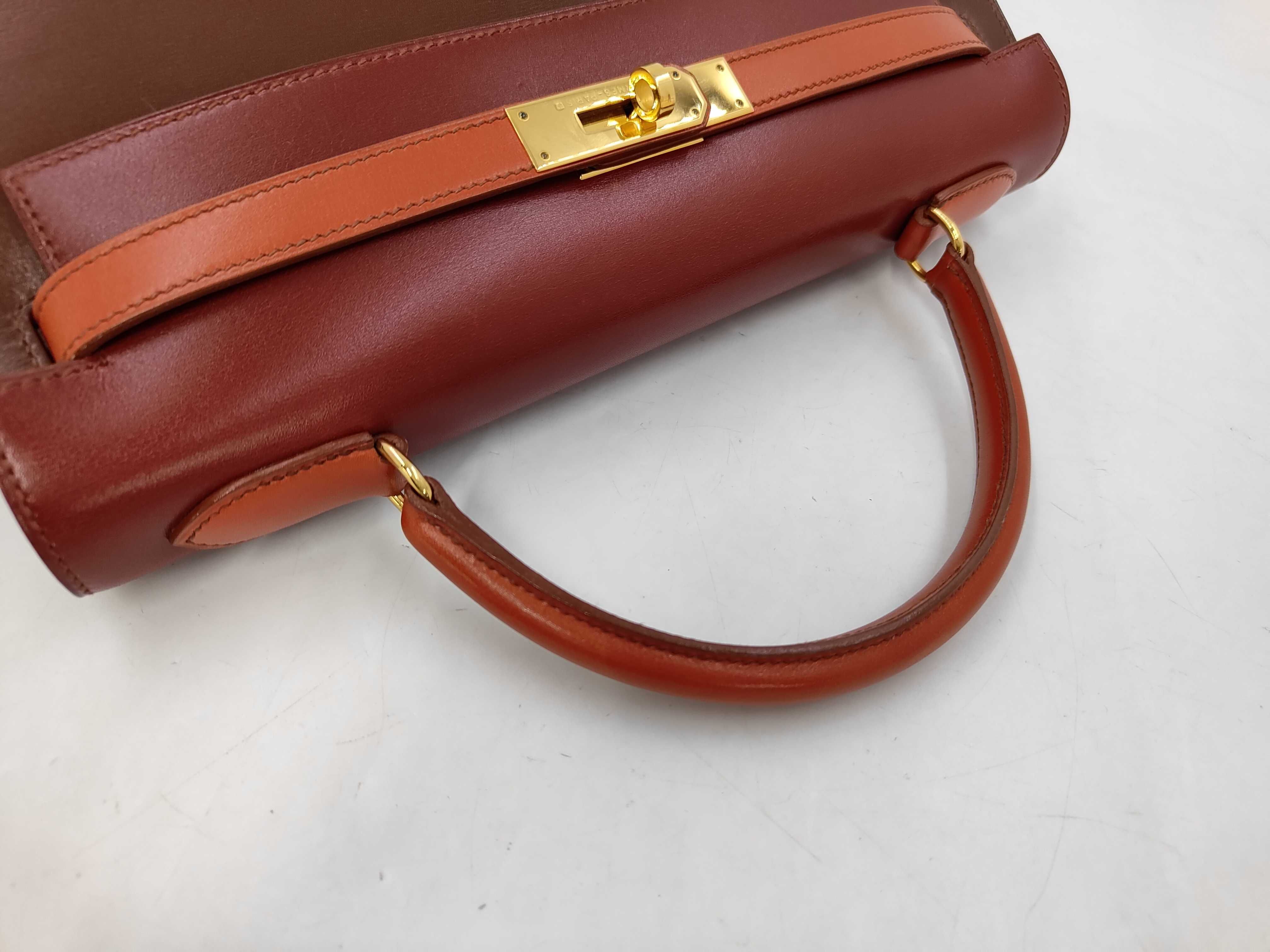 Kelly 32 Box Calf Tricolor Rouge H Brick Marron Foncé Gold Hardware Z Stamp Shoulder Bag — view 3