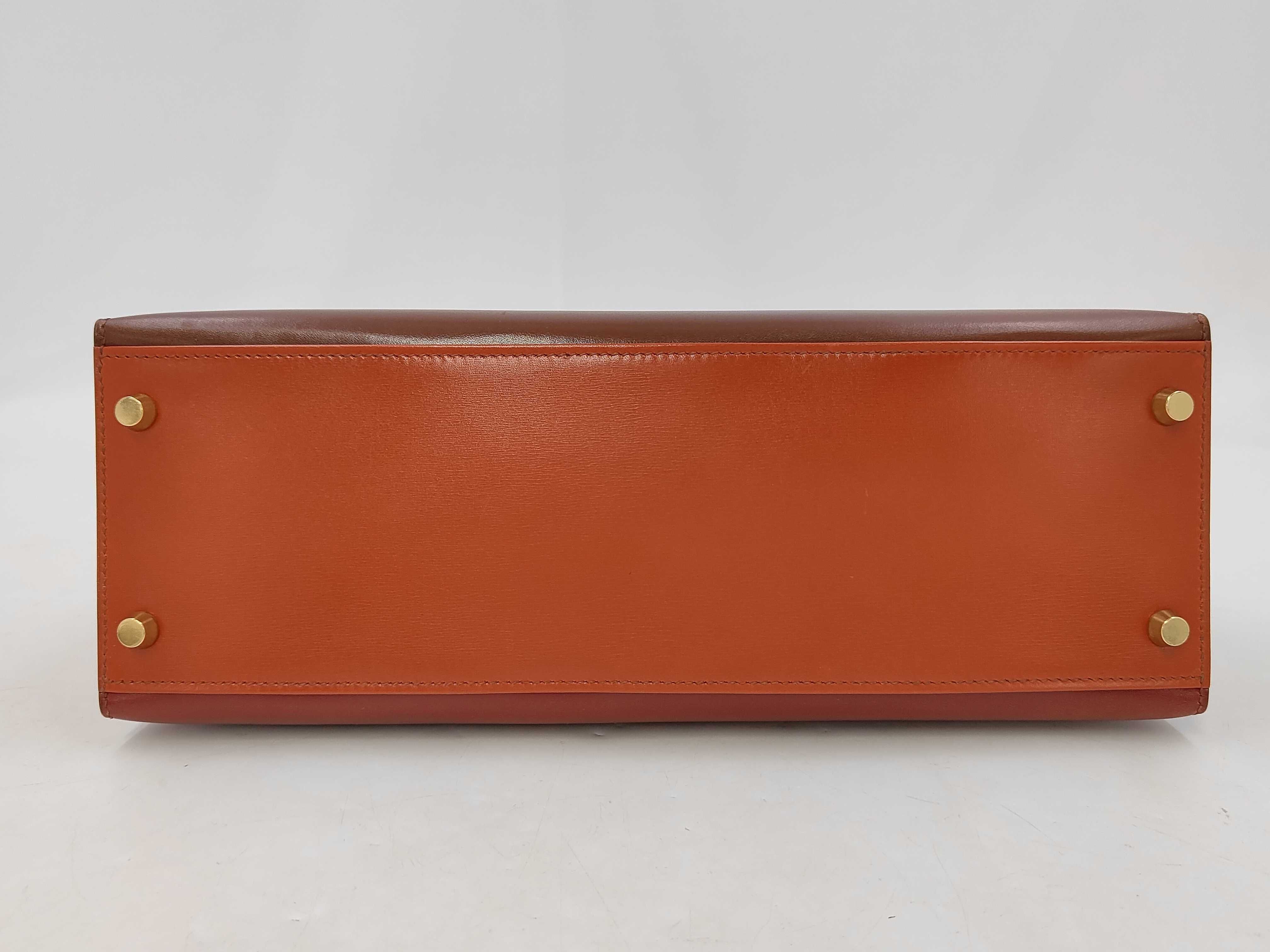 Kelly 32 Box Calf Tricolor Rouge H Brick Marron Foncé Gold Hardware Z Stamp Shoulder Bag — view 6