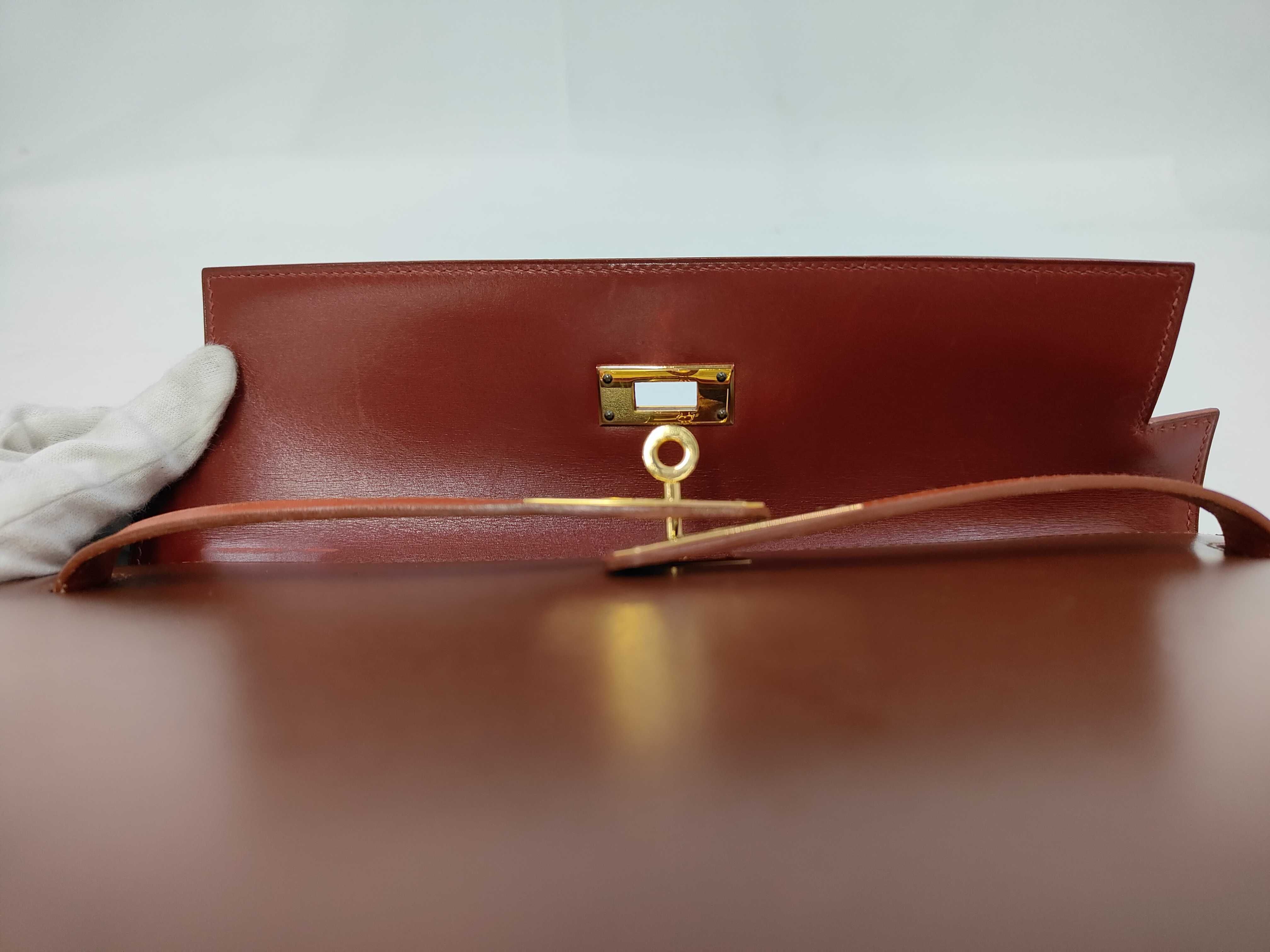 Kelly 32 Box Calf Tricolor Rouge H Brick Marron Foncé Gold Hardware Z Stamp Shoulder Bag — view 8