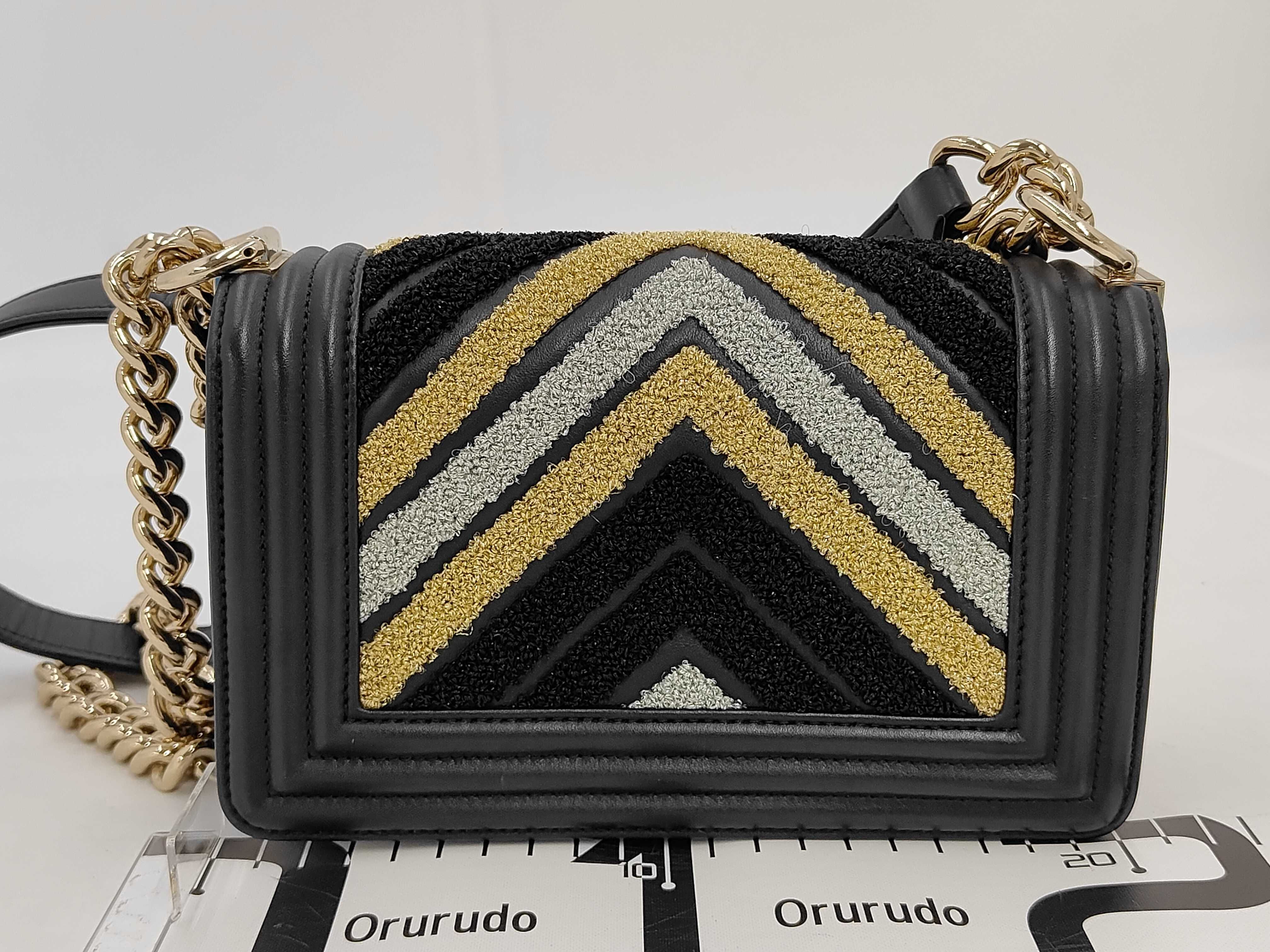 Boy Chanel Chain Shoulder Bag, Black, Gold, Silver, Chevron Embroidery, Gold Hardware. — view 2