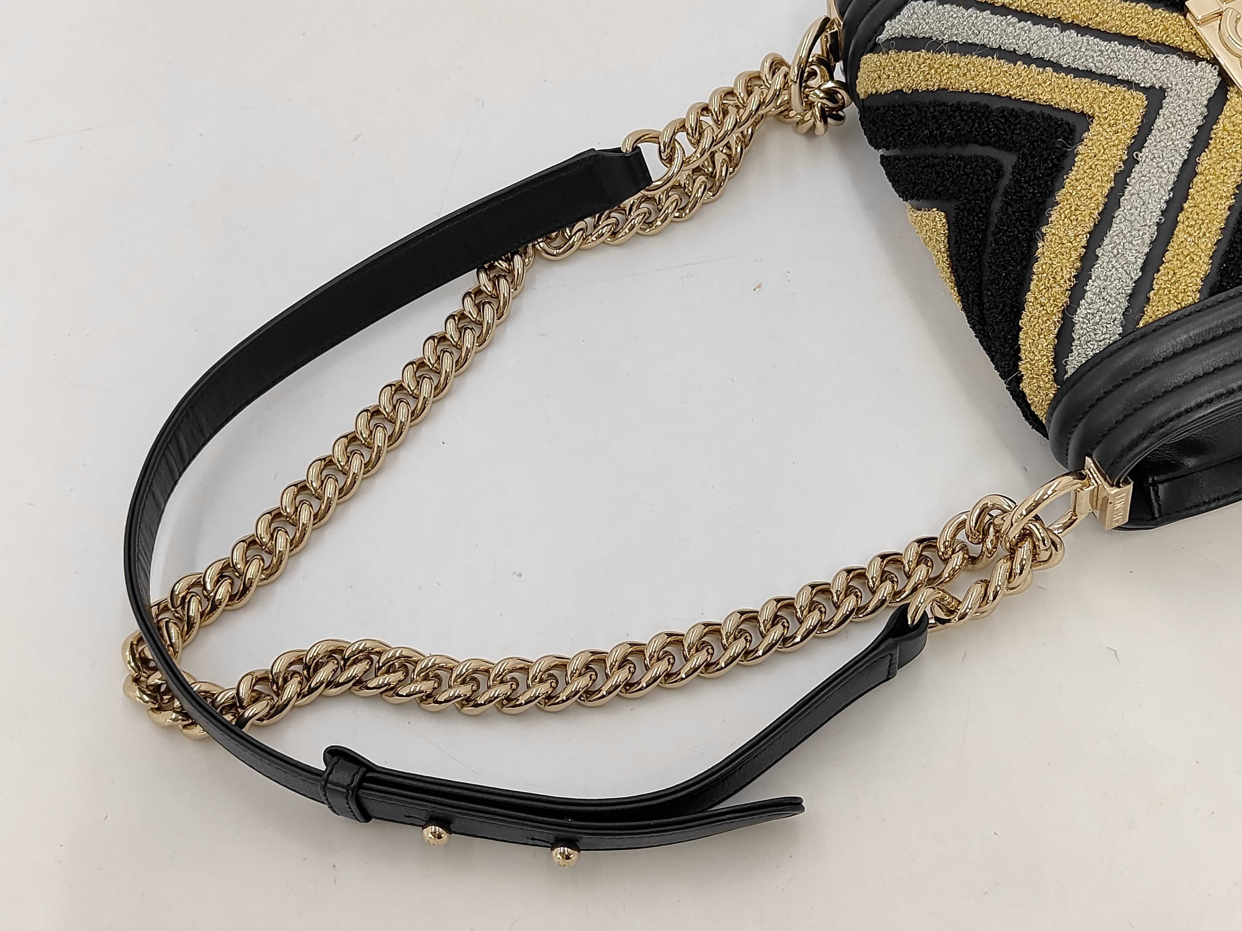 Boy Chanel Chain Shoulder Bag, Black, Gold, Silver, Chevron Embroidery, Gold Hardware. — view 5