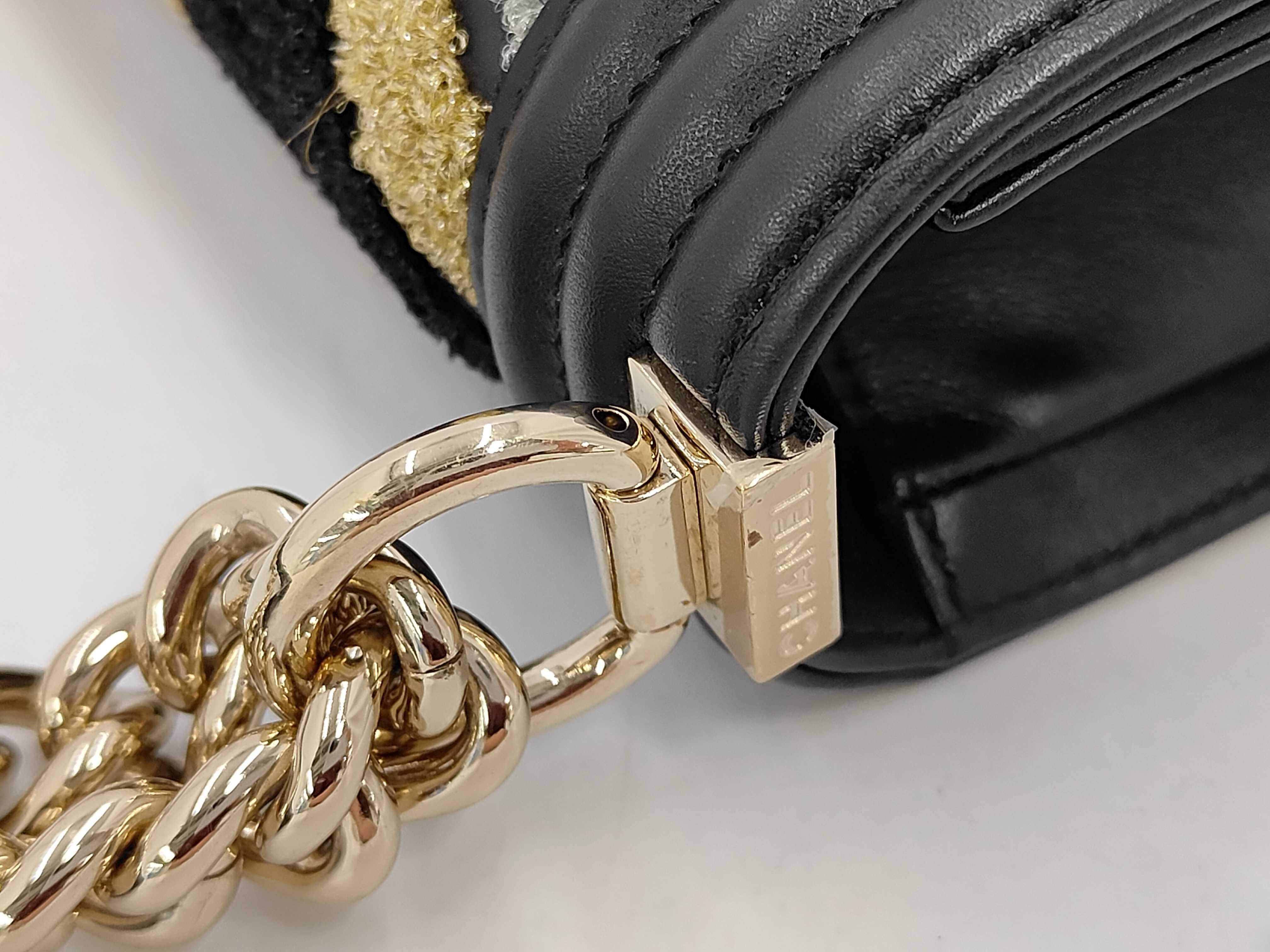 Boy Chanel Chain Shoulder Bag, Black, Gold, Silver, Chevron Embroidery, Gold Hardware. — view 7