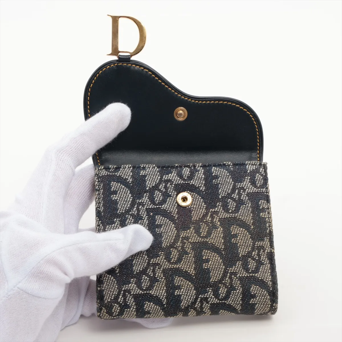 Saddle Trotter Canvas x Leather Compact Wallet Navy x Beige — view 3