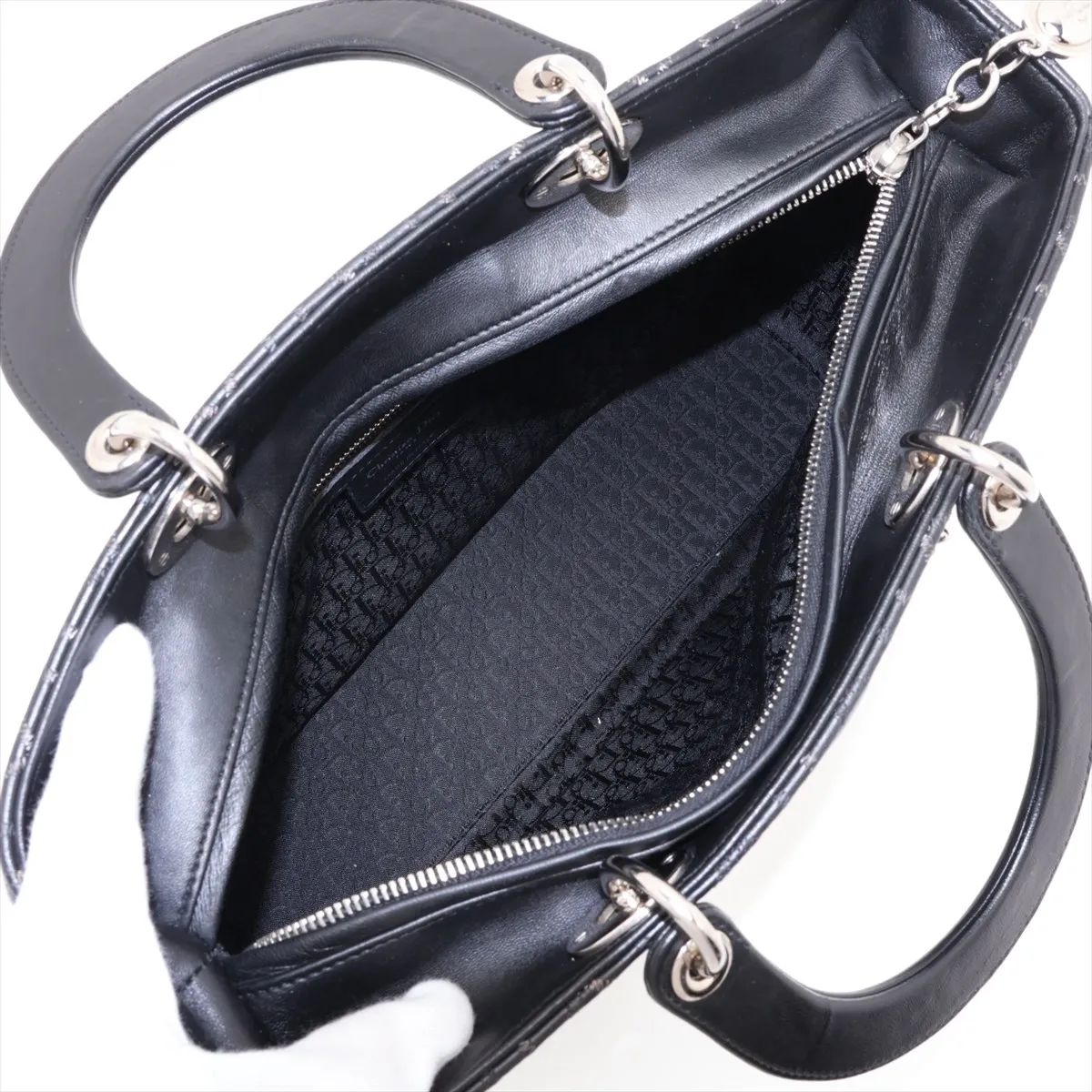 Cannage Lady Dior Large Leather 2-Way Handbag, Black — view 8
