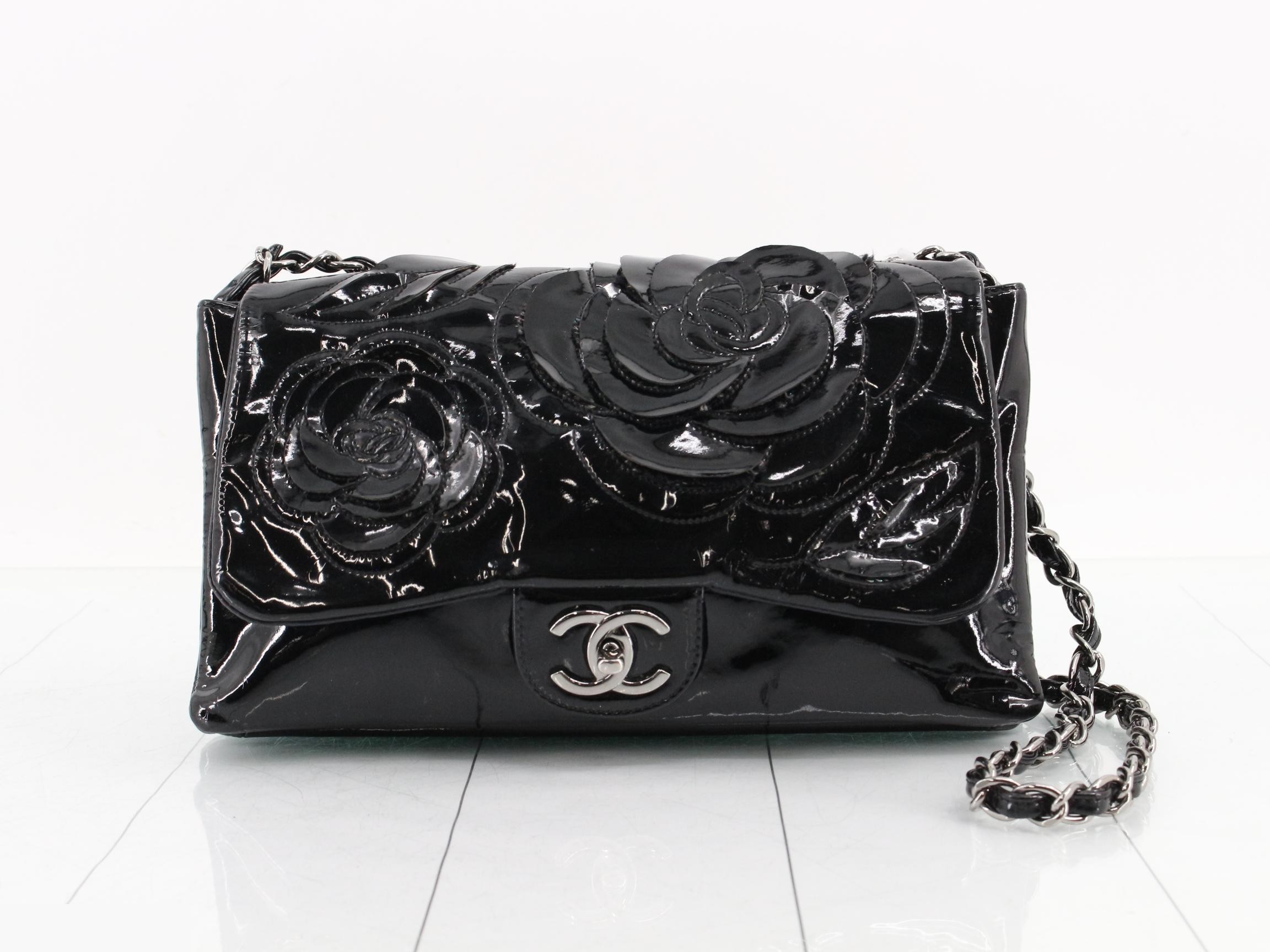 Camellia Enamel Chain Shoulder Bag, Black