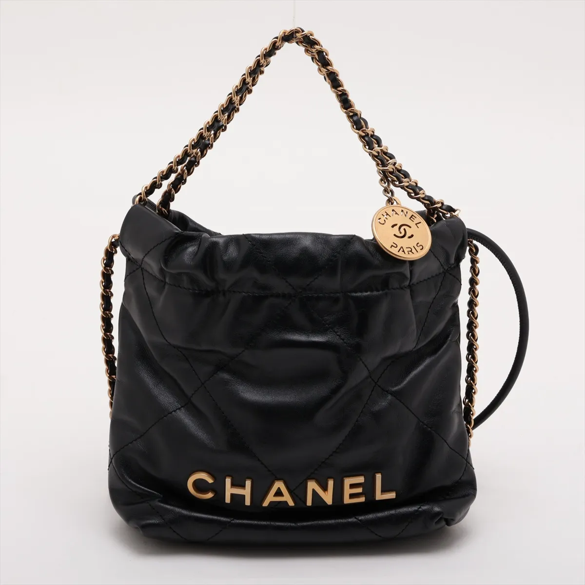 22 Mini Shiny Calfskin Chain Shoulder Bag Black Gold Hardware PCLX6C49 Random Plate AS3980