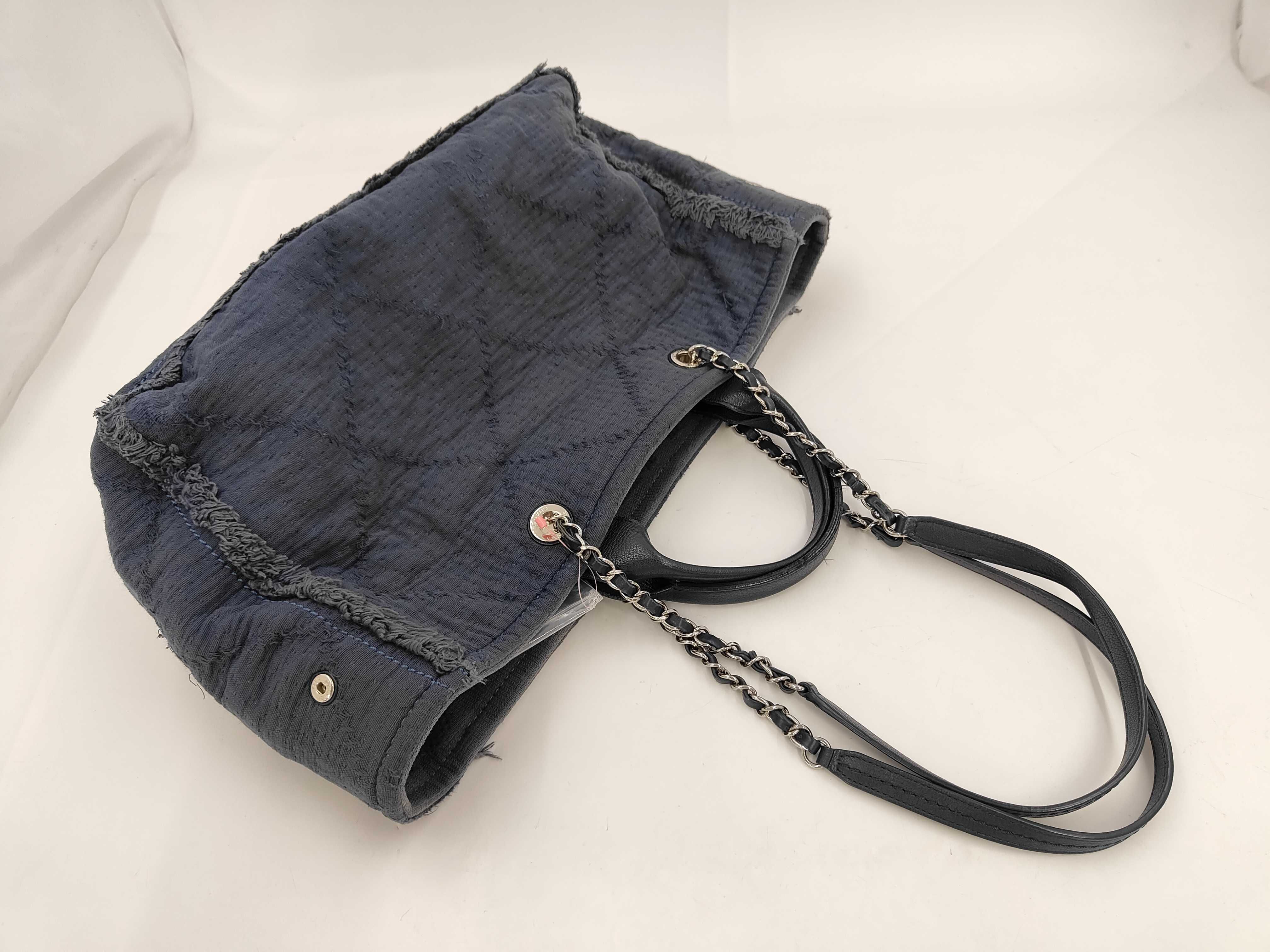 2-way Coco Mark Cotton Chain Tote Bag, Navy — view 5