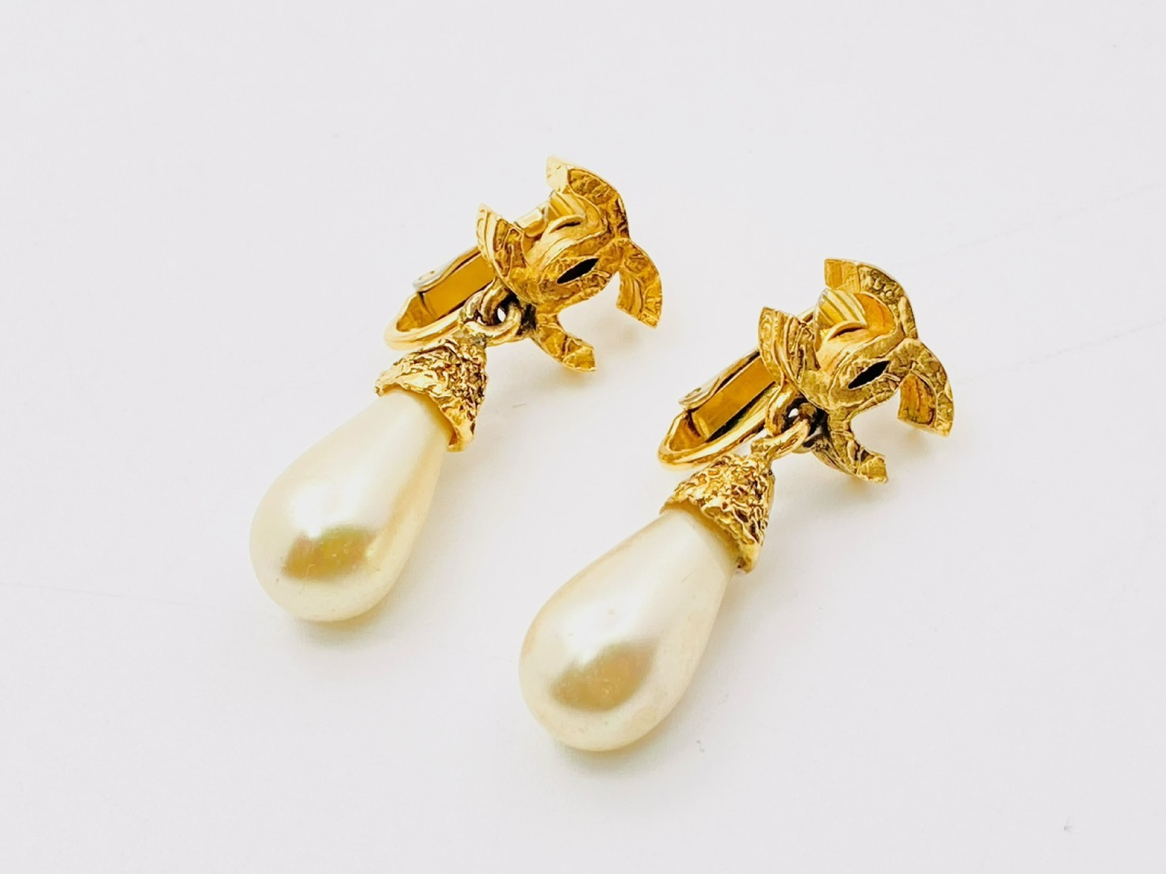 Coco Mark Faux Pearl Teardrop Swing Earrings, Engraved 264, Gold Earrings — view 2