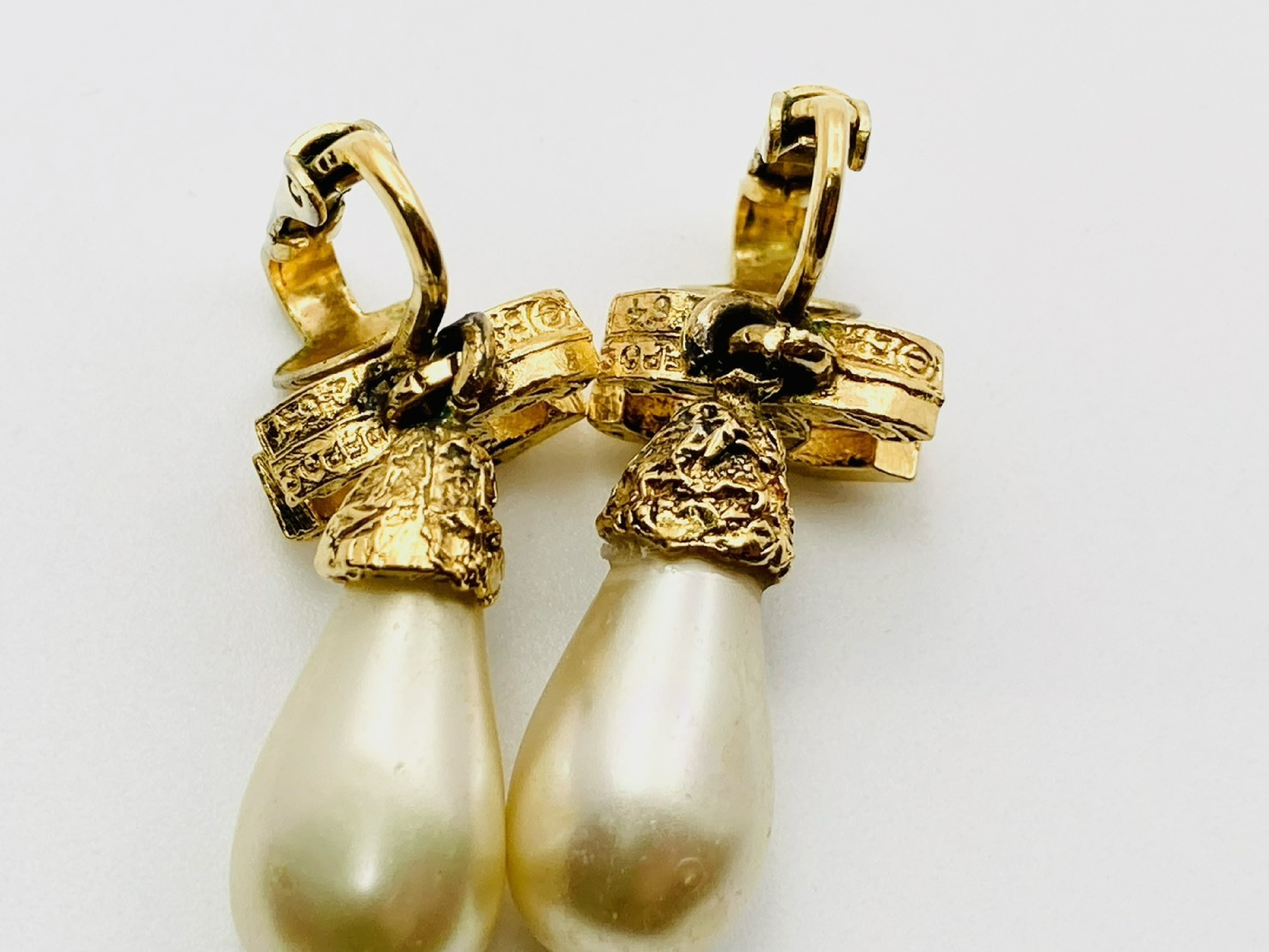Coco Mark Faux Pearl Teardrop Swing Earrings, Engraved 264, Gold Earrings — view 4