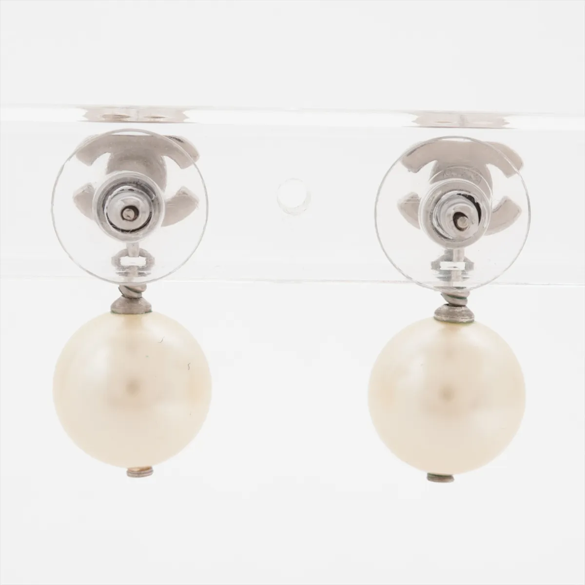 Coco Mark 07A Earrings (Pair) Metal x Rhinestone x Faux Pearl Silver. Shows signs of wear: — view 2