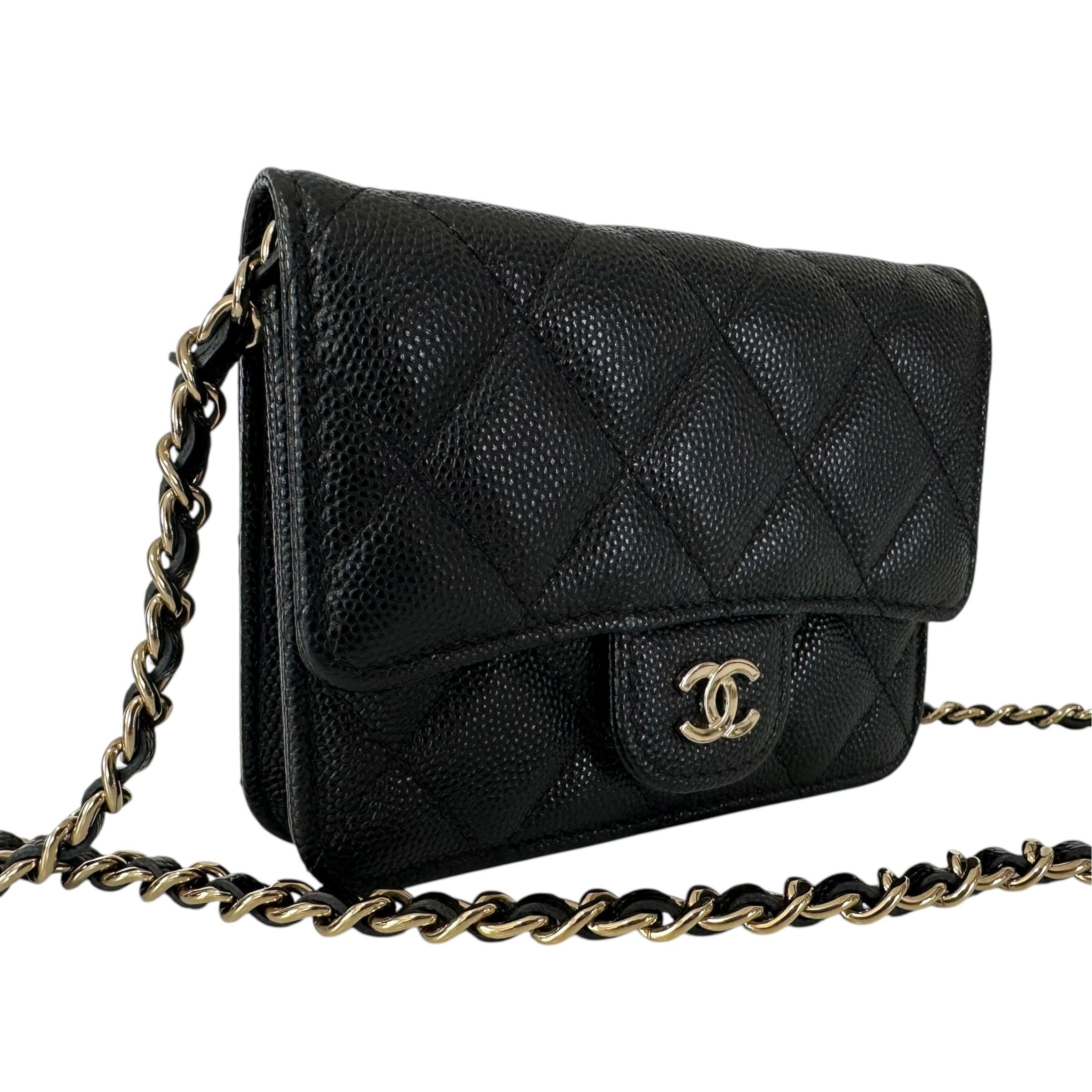 Matelassé Caviar Skin Wallet Chain Shoulder Bag, Black — view 2