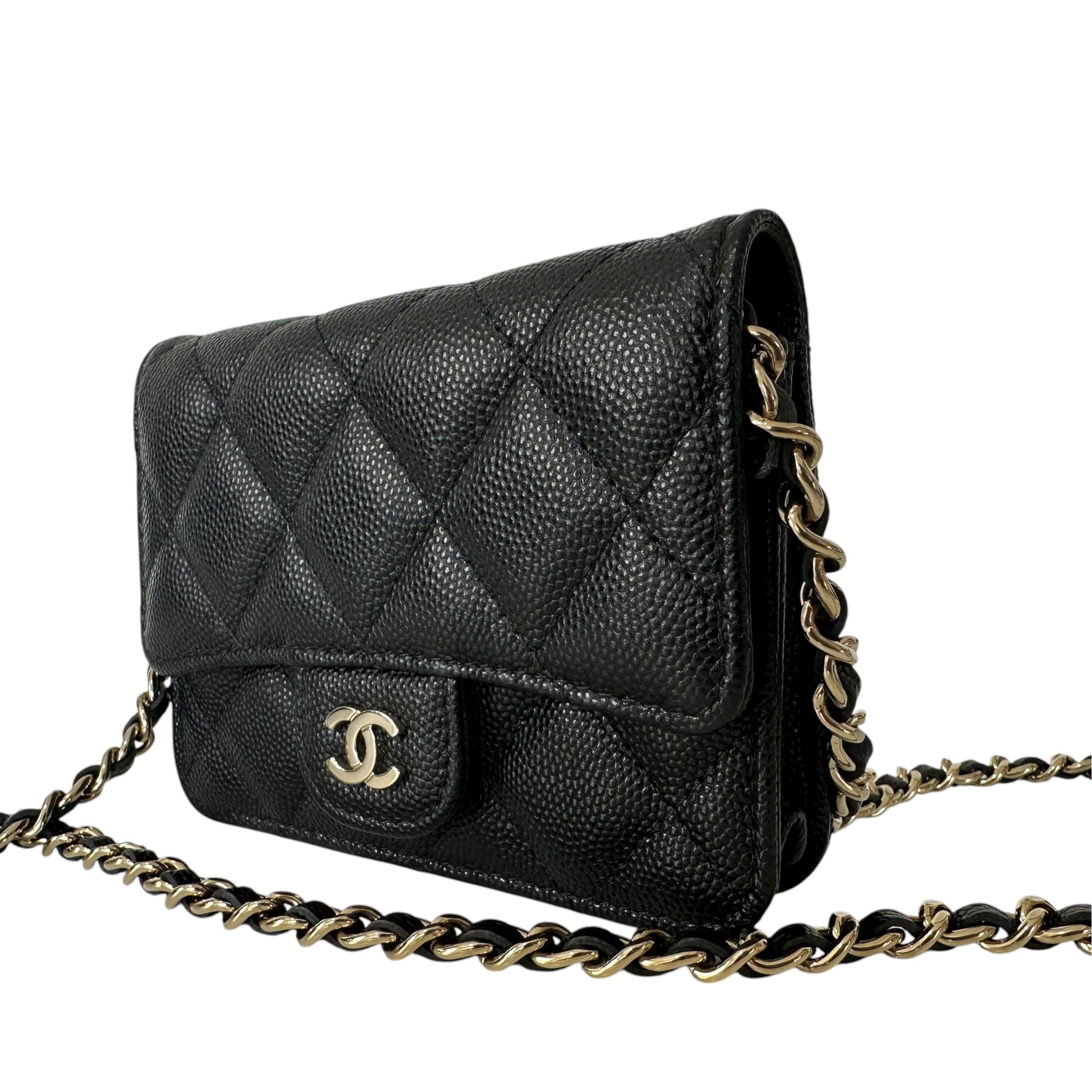 Matelassé Caviar Skin Wallet Chain Shoulder Bag, Black — view 3