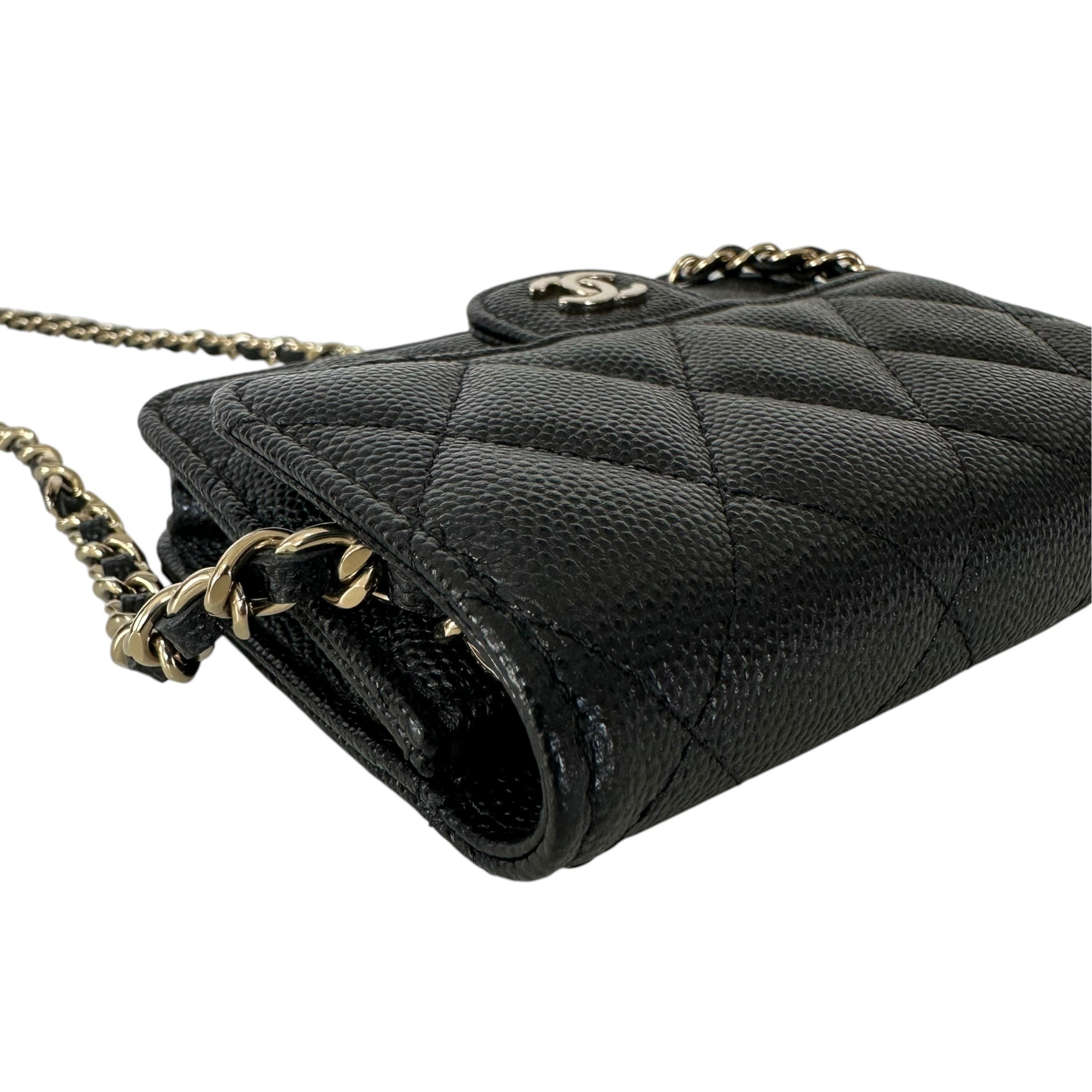 Matelassé Caviar Skin Wallet Chain Shoulder Bag, Black — view 4