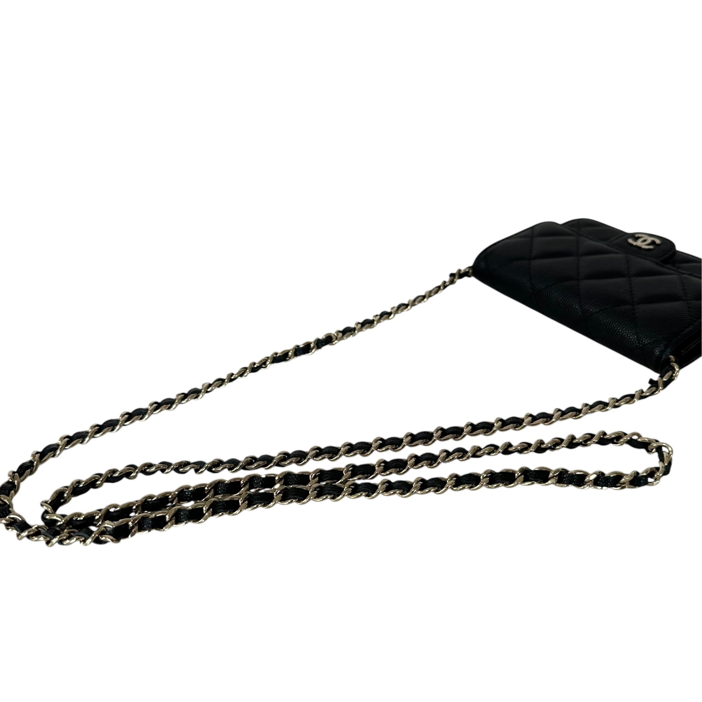 Matelassé Caviar Skin Wallet Chain Shoulder Bag, Black — view 8