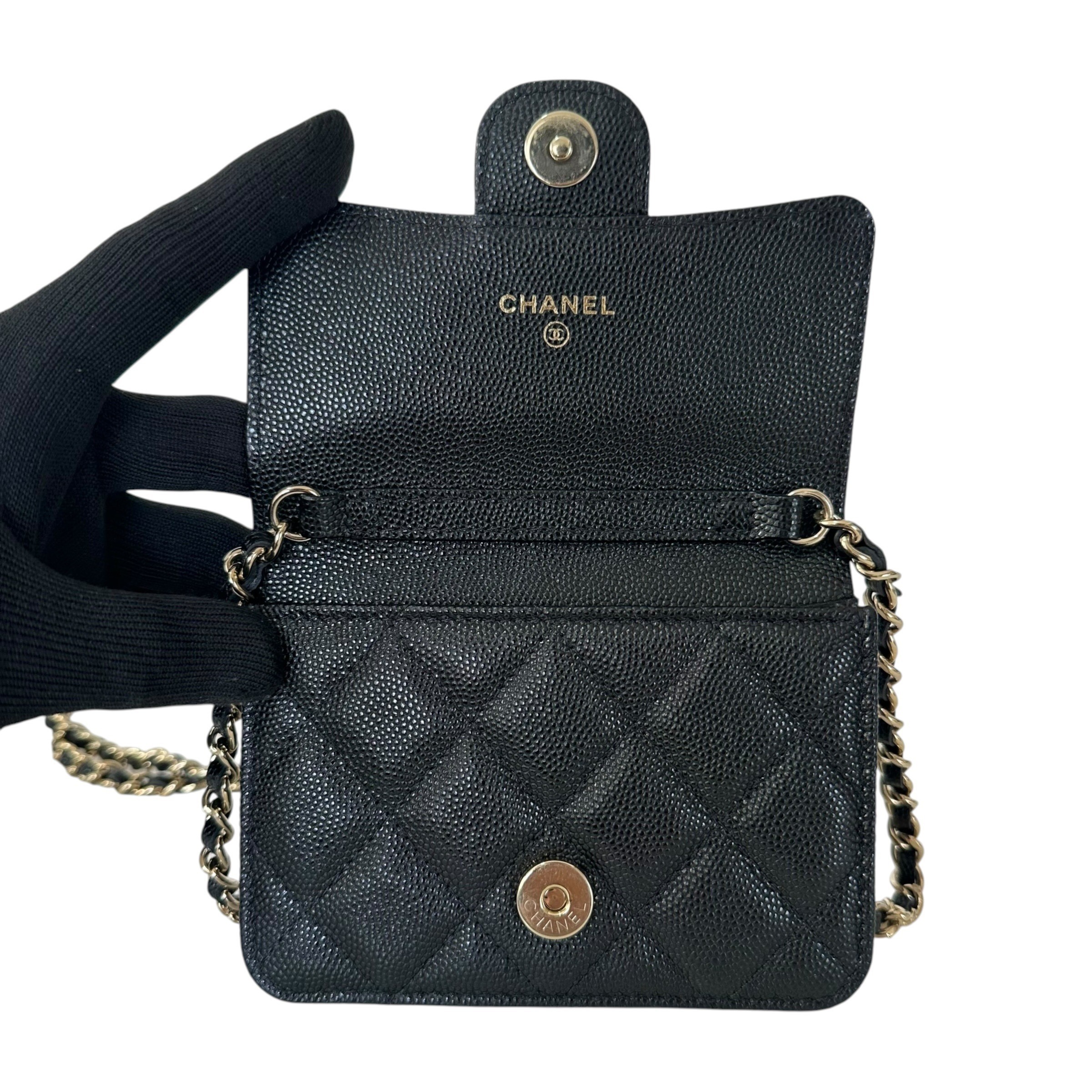 Matelassé Caviar Skin Wallet Chain Shoulder Bag, Black — view 9