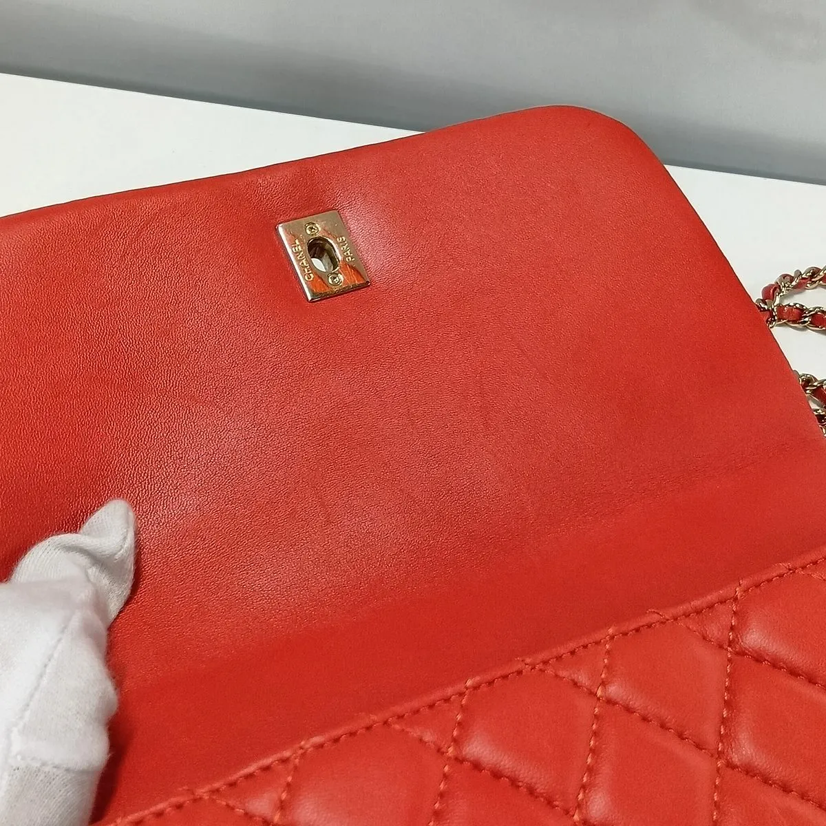 Matelassé Lambskin 2-Way Handbag, Wood, Orange, Gold Hardware, 26766764 (Serial Number 26) — view 14