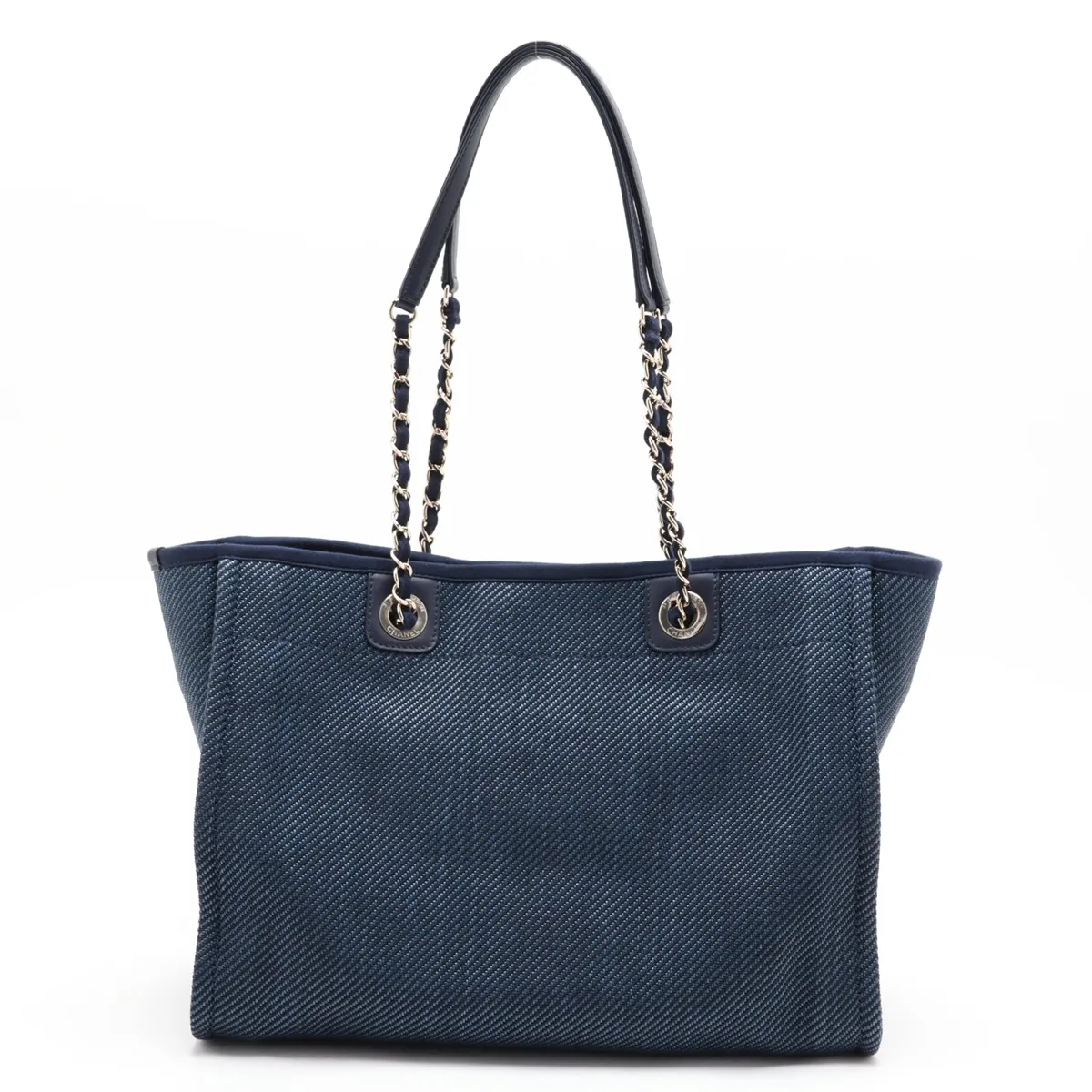 Deauville MM Mixed Fiber x Lambskin Chain Tote Bag, Navy, Gold Hardware, 30249679 (Serial Number in the 30s) — view 2