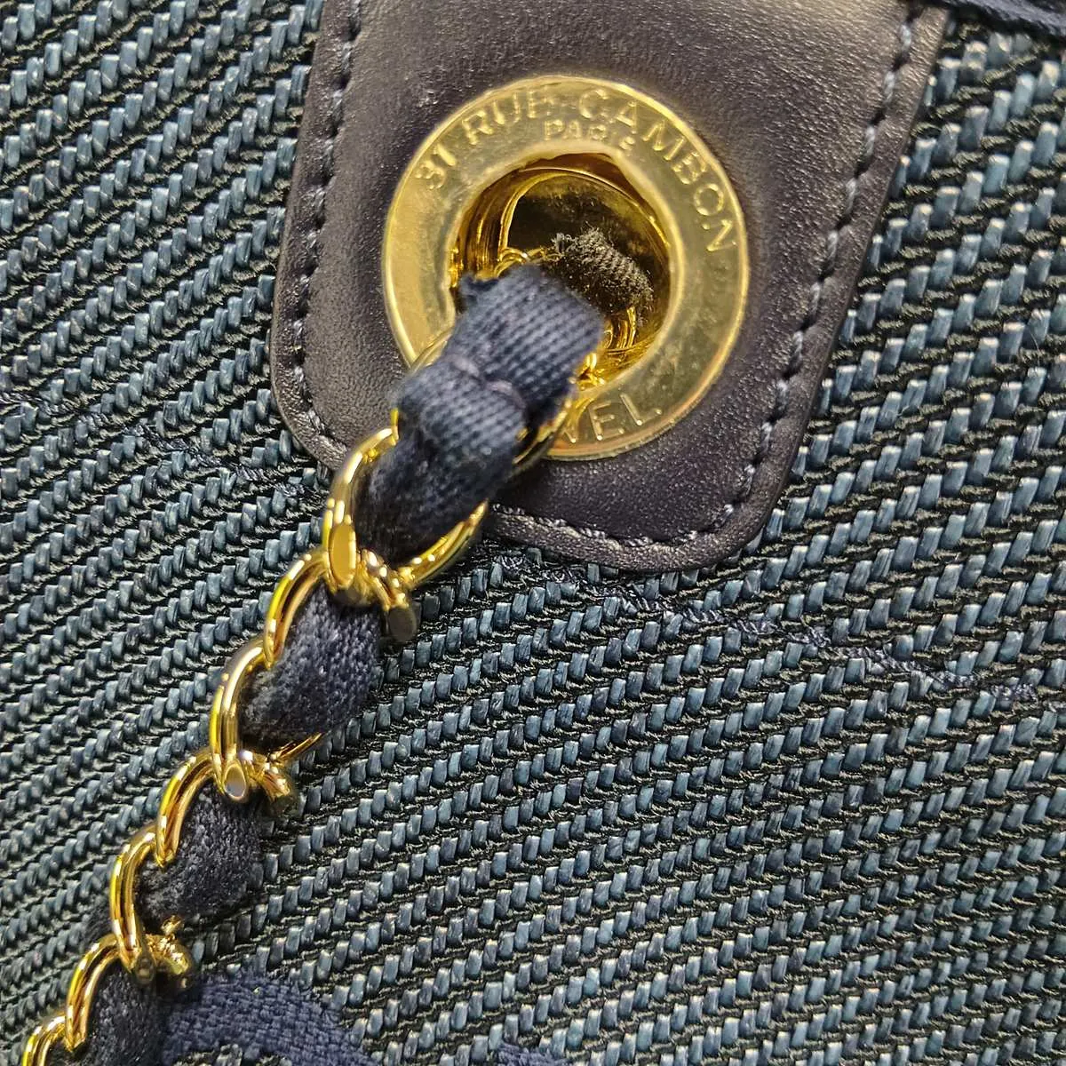 Deauville MM Mixed Fiber x Lambskin Chain Tote Bag, Navy, Gold Hardware, 30249679 (Serial Number in the 30s) — view 12