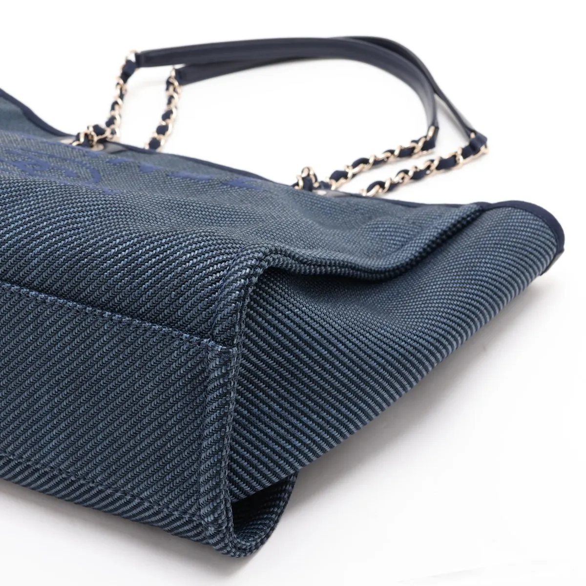 Deauville MM Mixed Fiber x Lambskin Chain Tote Bag, Navy, Gold Hardware, 30249679 (Serial Number in the 30s) — view 3