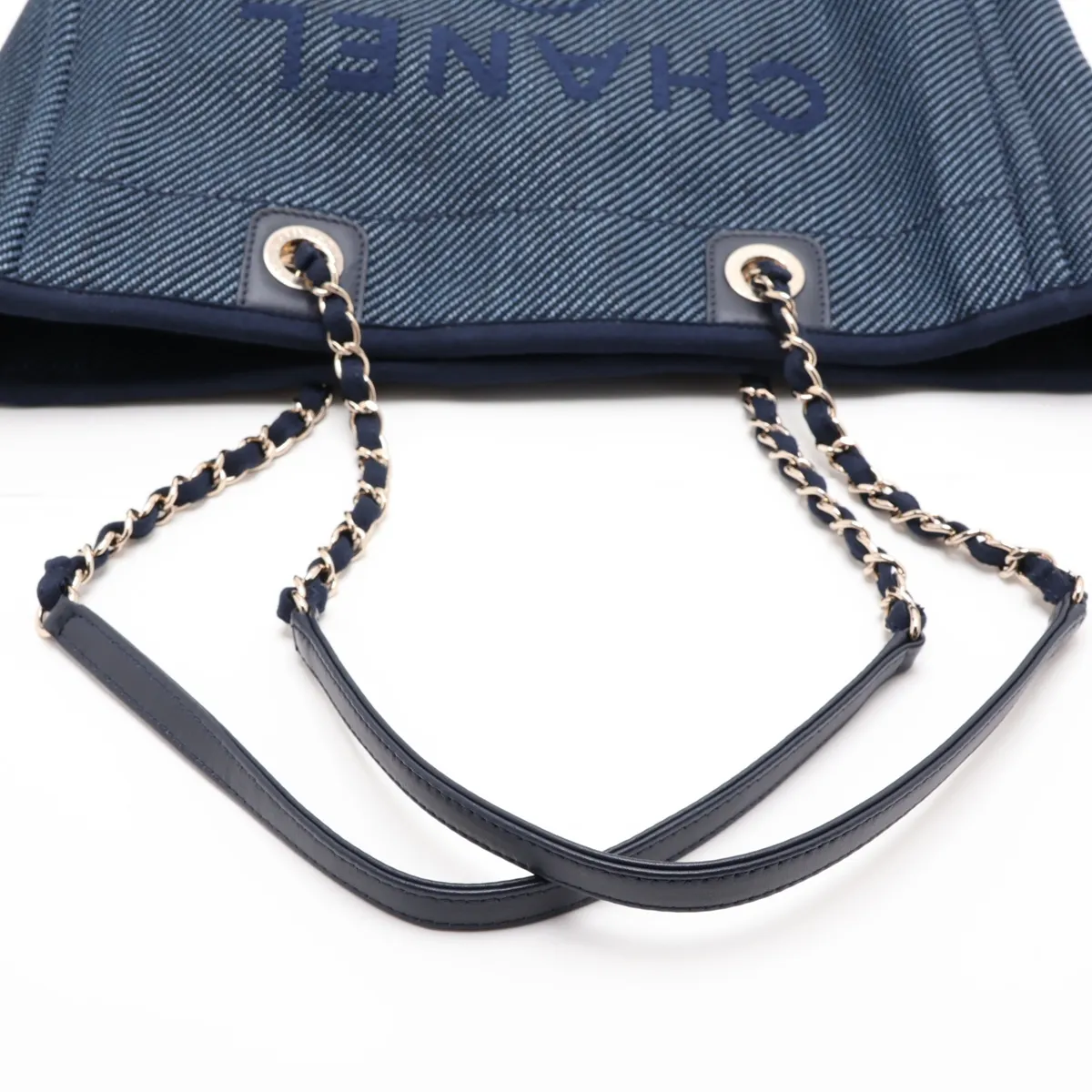 Deauville MM Mixed Fiber x Lambskin Chain Tote Bag, Navy, Gold Hardware, 30249679 (Serial Number in the 30s) — view 5