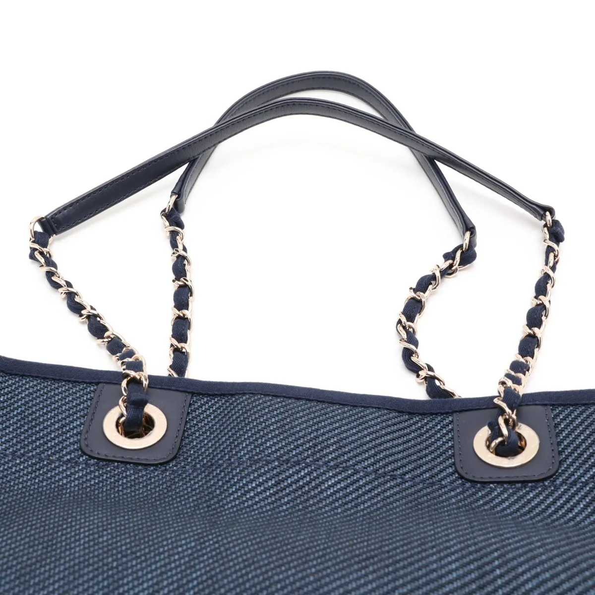 Deauville MM Mixed Fiber x Lambskin Chain Tote Bag, Navy, Gold Hardware, 30249679 (Serial Number in the 30s) — view 6