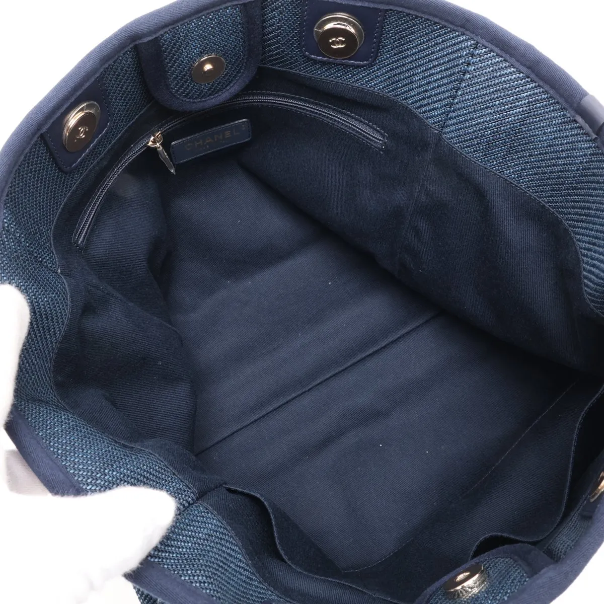 Deauville MM Mixed Fiber x Lambskin Chain Tote Bag, Navy, Gold Hardware, 30249679 (Serial Number in the 30s) — view 7