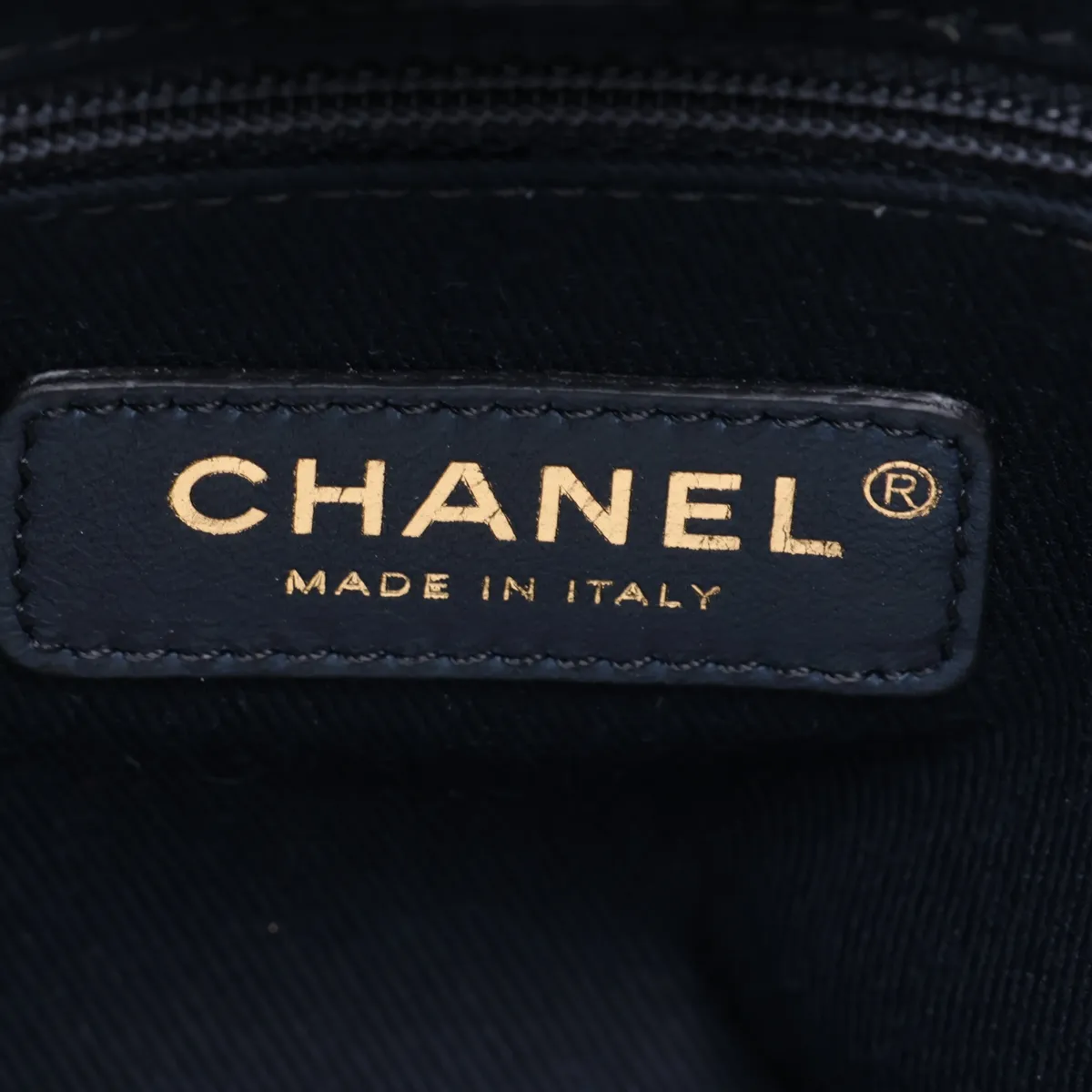 Deauville MM Mixed Fiber x Lambskin Chain Tote Bag, Navy, Gold Hardware, 30249679 (Serial Number in the 30s) — view 8
