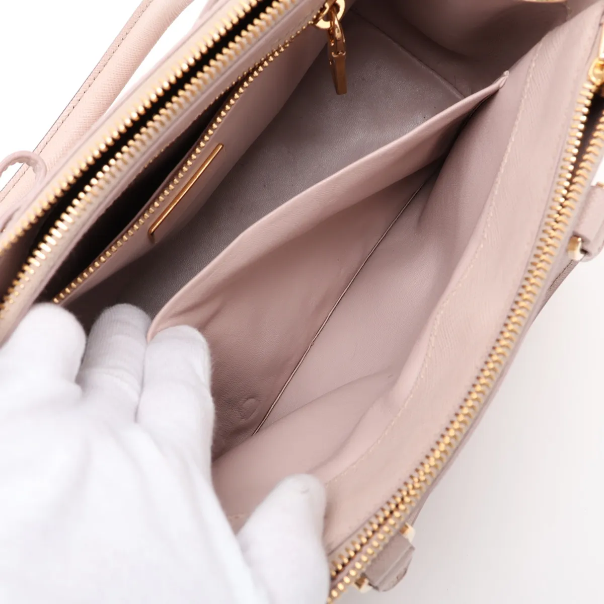Saffiano Lux Leather 2-Way Handbag, Pink Beige, Clochette Strap Torn — view 11