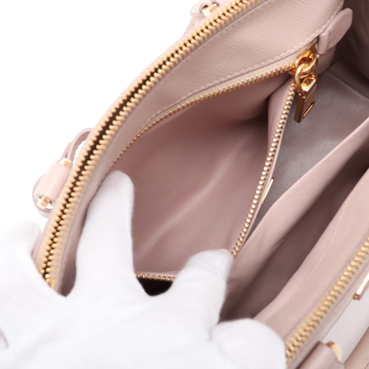 Saffiano Lux Leather 2-Way Handbag, Pink Beige, Clochette Strap Torn — view 12