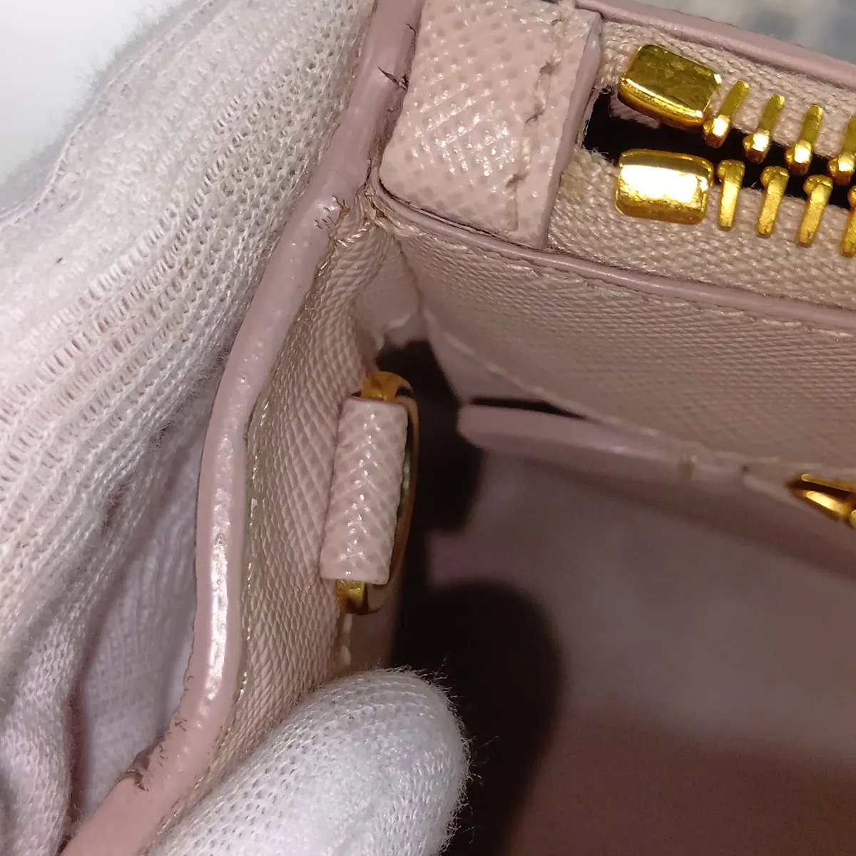 Saffiano Lux Leather 2-Way Handbag, Pink Beige, Clochette Strap Torn — view 15