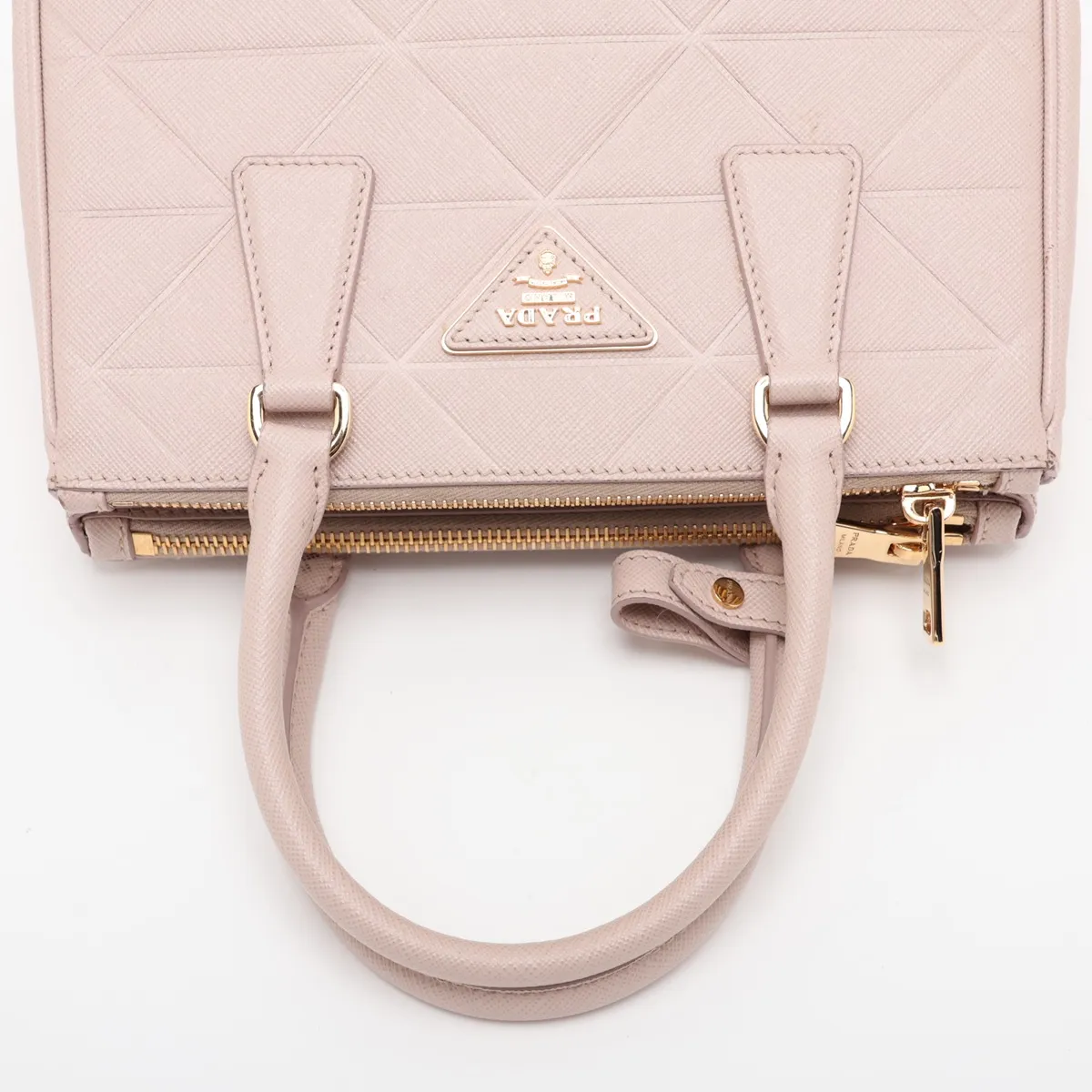 Saffiano Lux Leather 2-Way Handbag, Pink Beige, Clochette Strap Torn — view 5