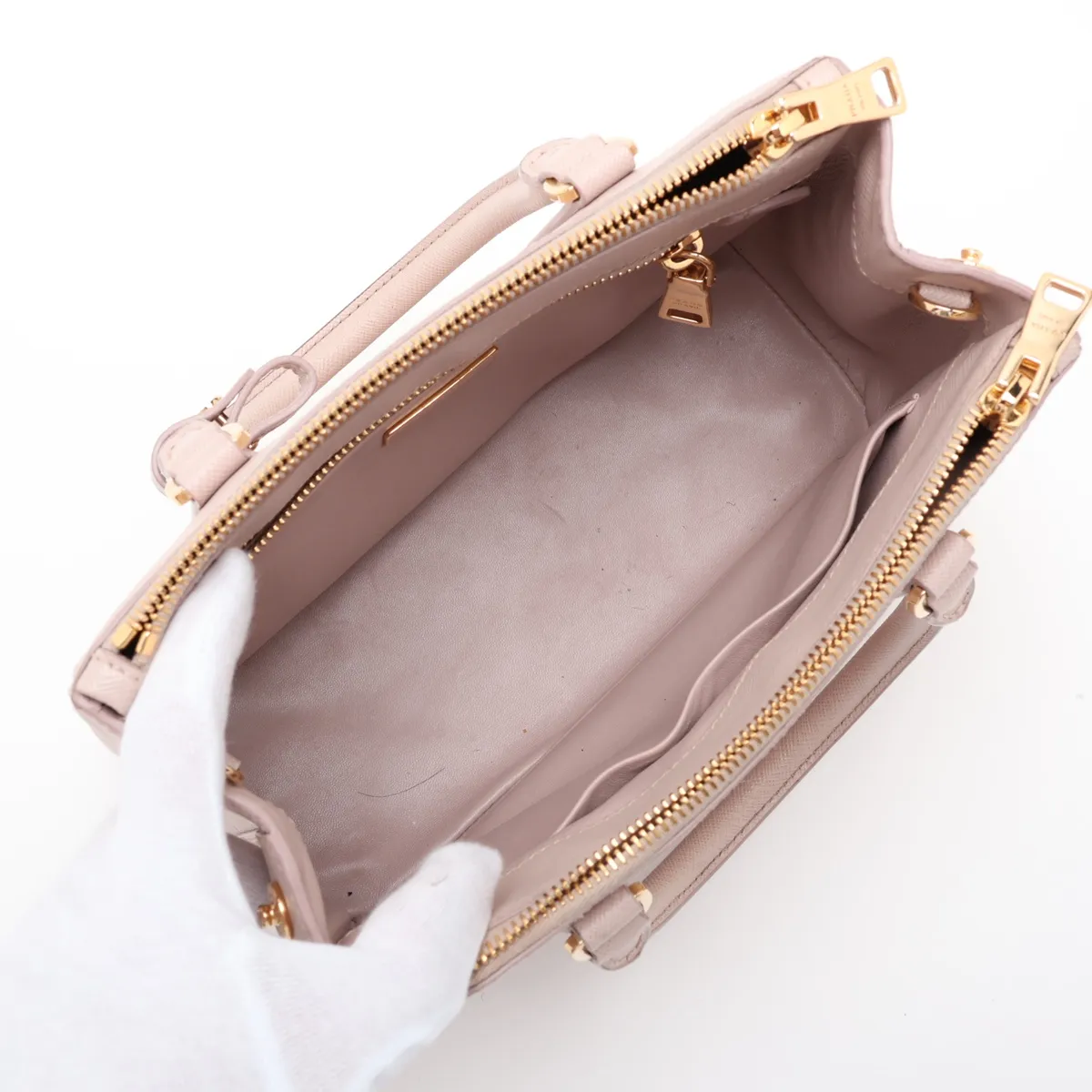 Saffiano Lux Leather 2-Way Handbag, Pink Beige, Clochette Strap Torn — view 8