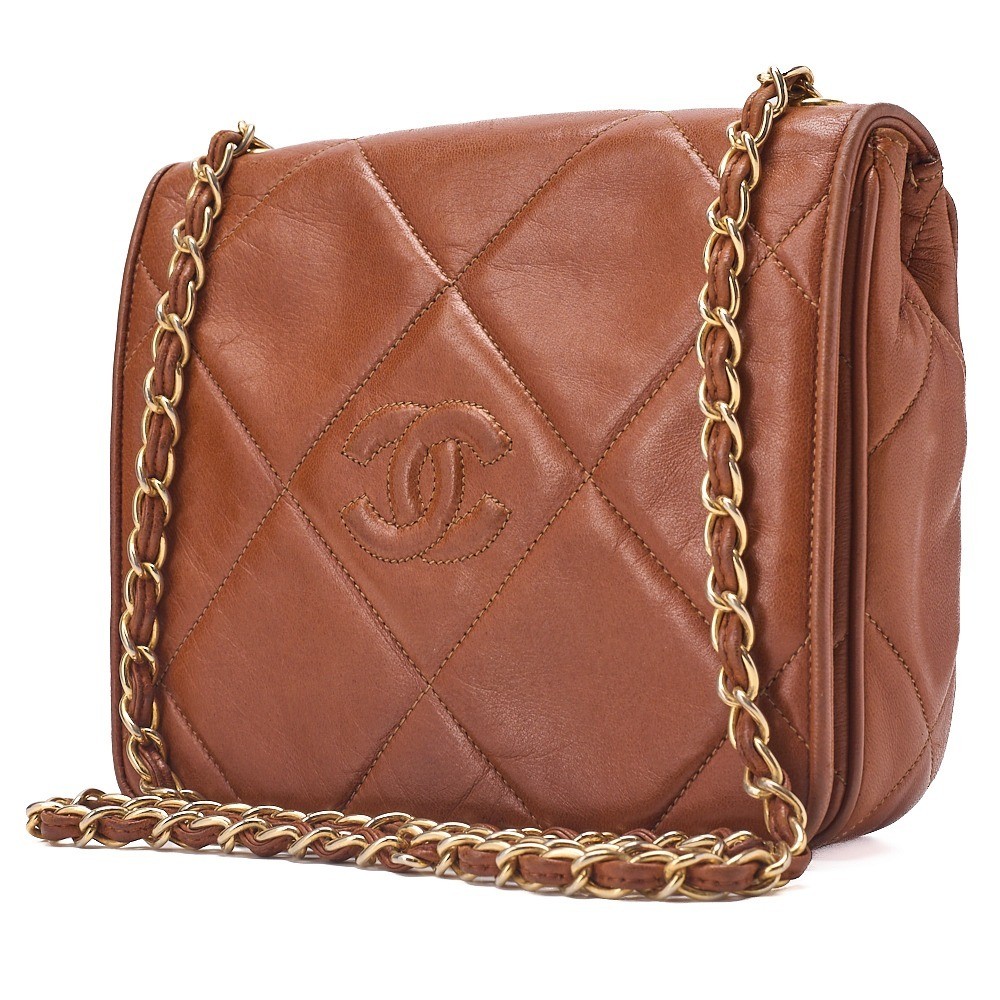 Lambskin Matelassé Full Flap Chain Shoulder Bag, Brown — view 3