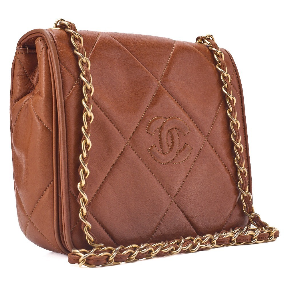 Lambskin Matelassé Full Flap Chain Shoulder Bag, Brown — view 4