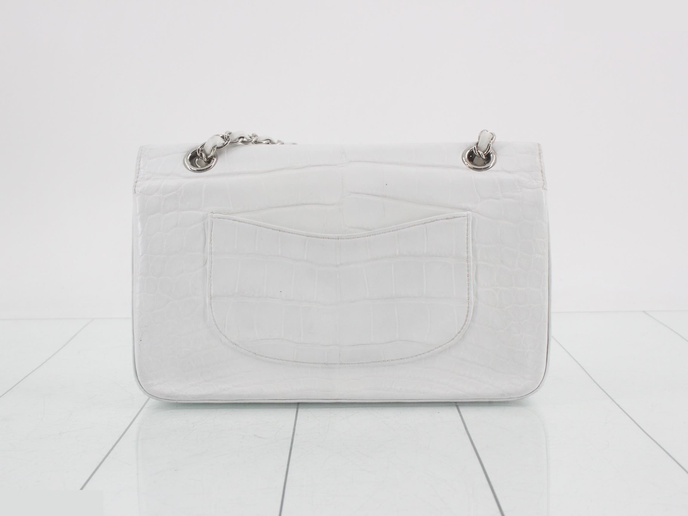 Leather Crocodile Double Flap Double Chain Shoulder Bag, White — view 2