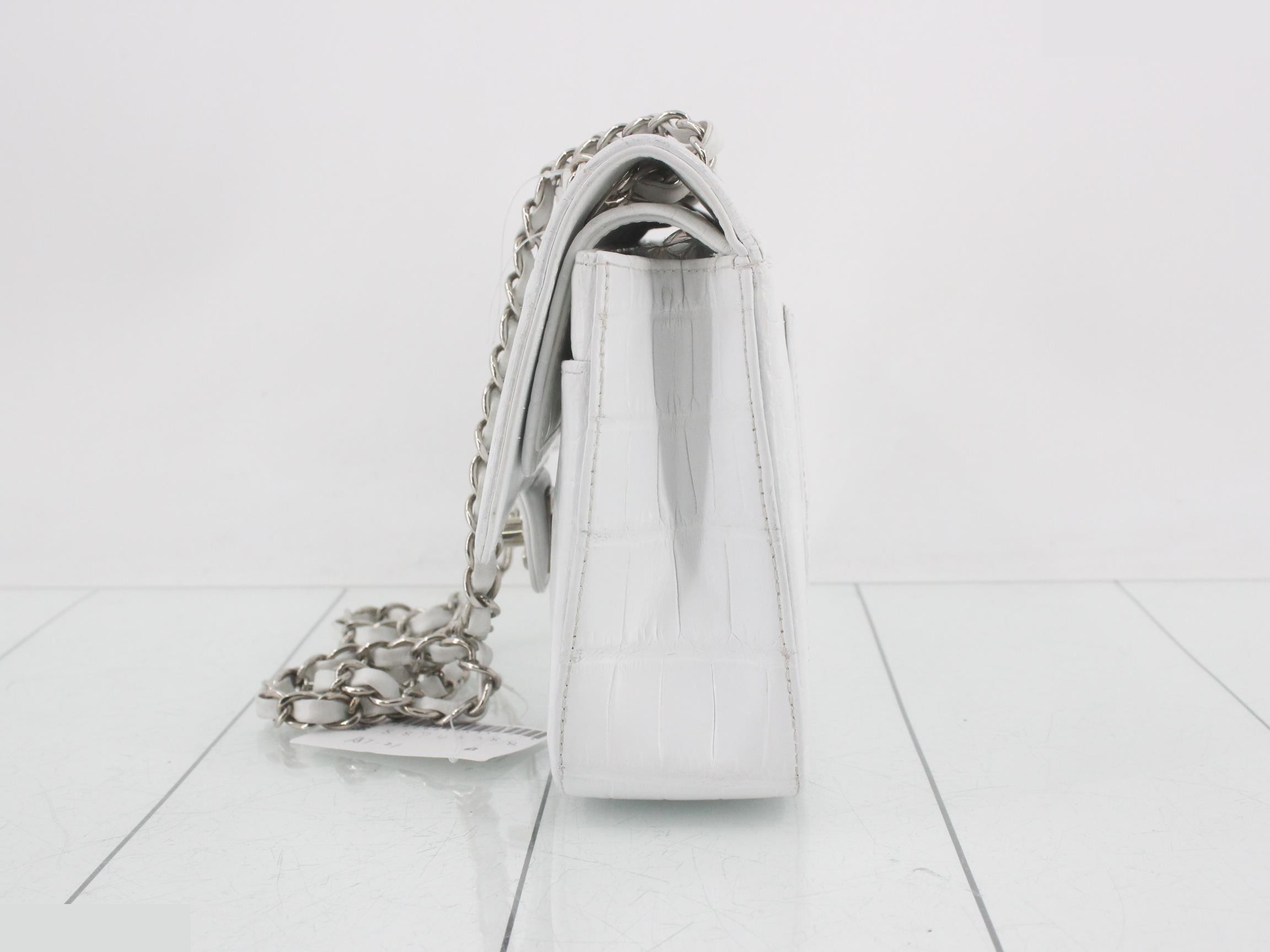 Leather Crocodile Double Flap Double Chain Shoulder Bag, White — view 3