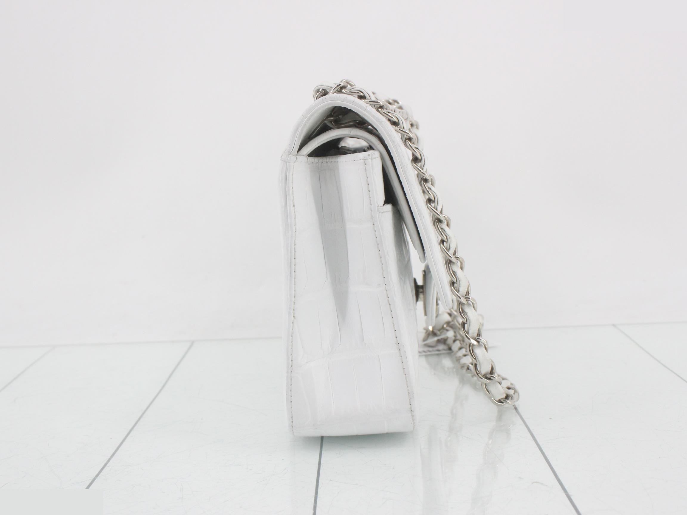 Leather Crocodile Double Flap Double Chain Shoulder Bag, White — view 4