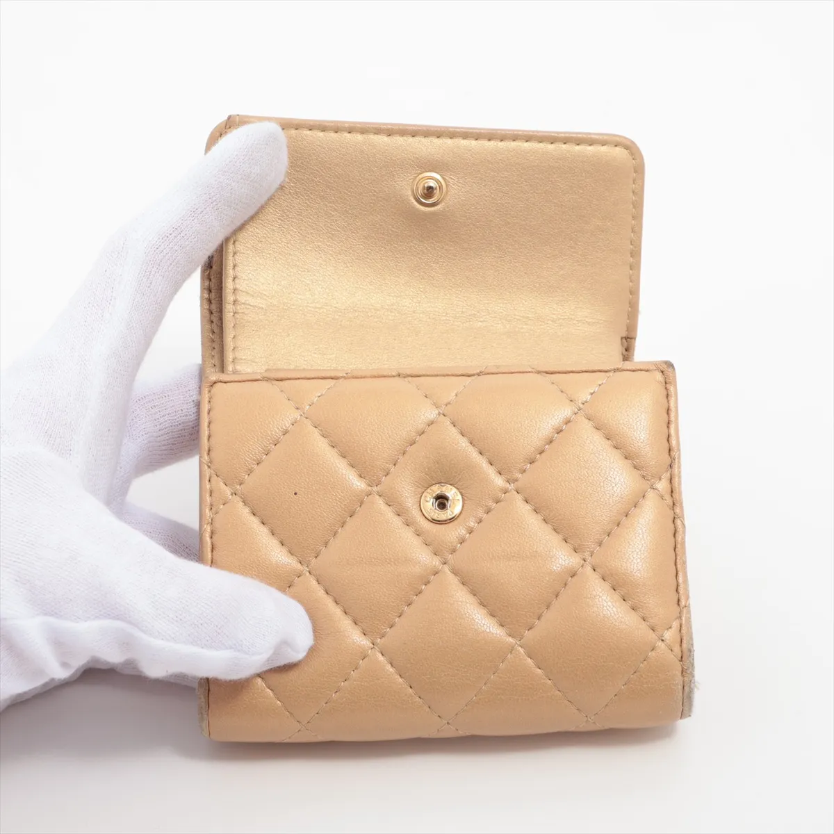 Matelassé Lambskin Compact Wallet, Yellow Gold, Gold Hardware — view 3