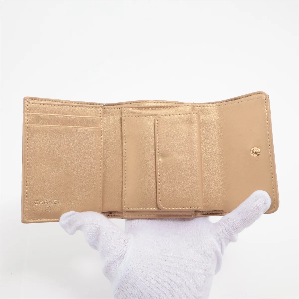 Matelassé Lambskin Compact Wallet, Yellow Gold, Gold Hardware — view 4