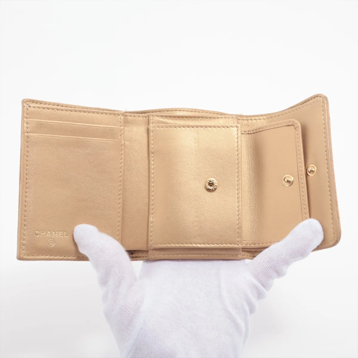 Matelassé Lambskin Compact Wallet, Yellow Gold, Gold Hardware — view 5