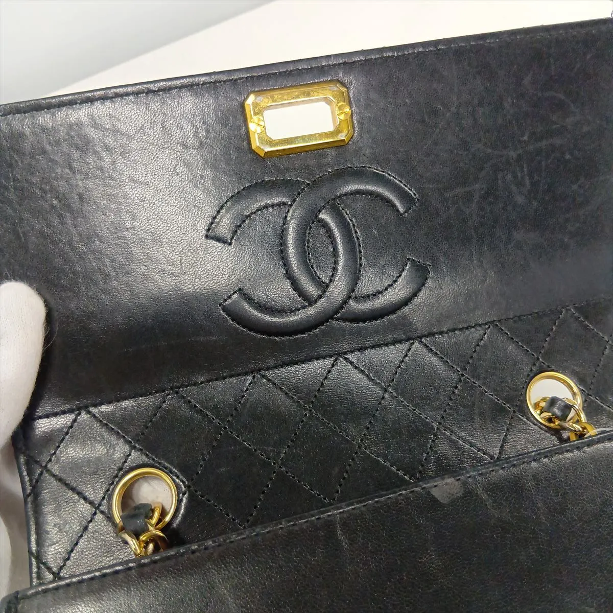 Matelassé Lambskin Single Flap Single Chain Bag, Black with Gold Hardware, Item No. 1637442 (Serial No. 1) — view 12