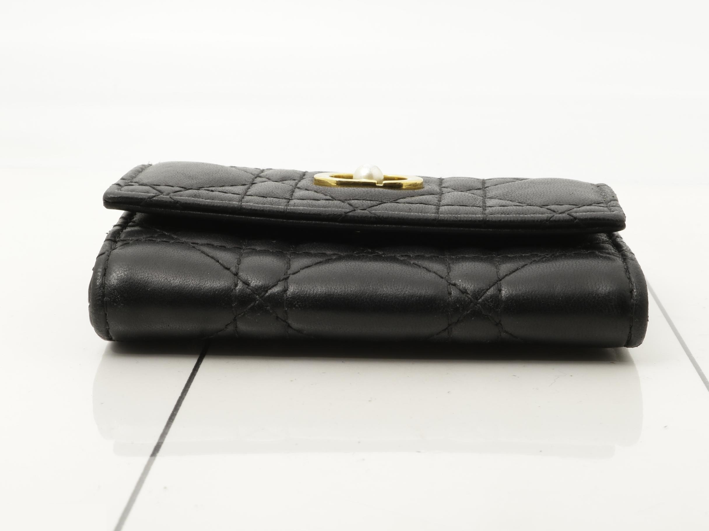 CD logo pearl quilted leather compact wallet, black — view 3