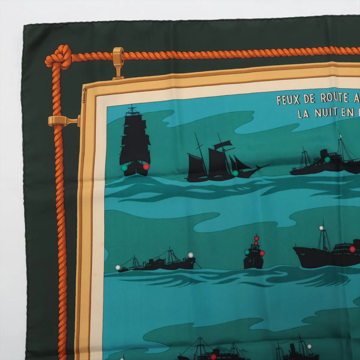 Carre 90 "Feuix de Route Apercus la NUIT, EN MER" (Sightlights Shining on the Night Sea) Scarf, Silk, Green. Has — view 2