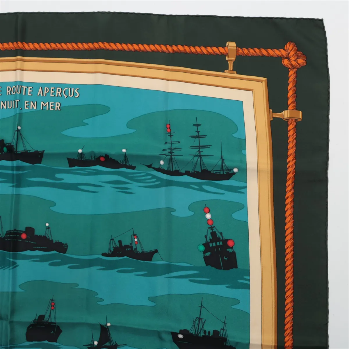Carre 90 "Feuix de Route Apercus la NUIT, EN MER" (Sightlights Shining on the Night Sea) Scarf, Silk, Green. Has — view 3