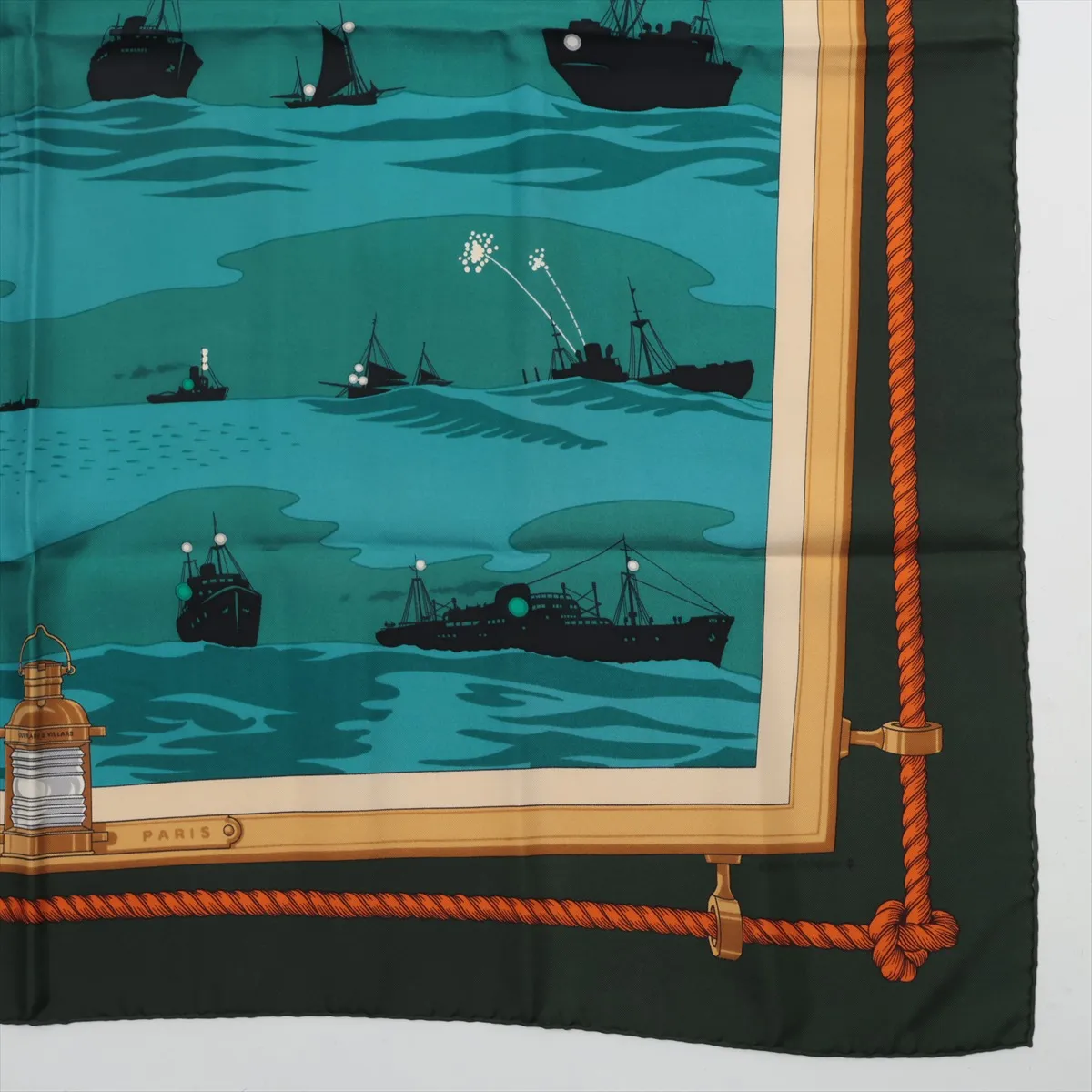 Carre 90 "Feuix de Route Apercus la NUIT, EN MER" (Sightlights Shining on the Night Sea) Scarf, Silk, Green. Has — view 4