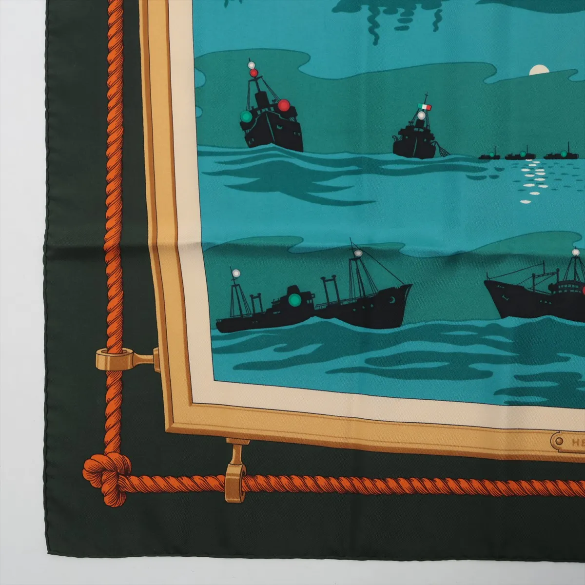 Carre 90 "Feuix de Route Apercus la NUIT, EN MER" (Sightlights Shining on the Night Sea) Scarf, Silk, Green. Has — view 5