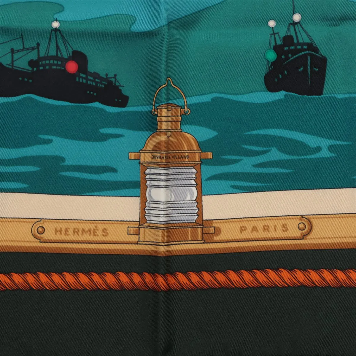 Carre 90 "Feuix de Route Apercus la NUIT, EN MER" (Sightlights Shining on the Night Sea) Scarf, Silk, Green. Has — view 6