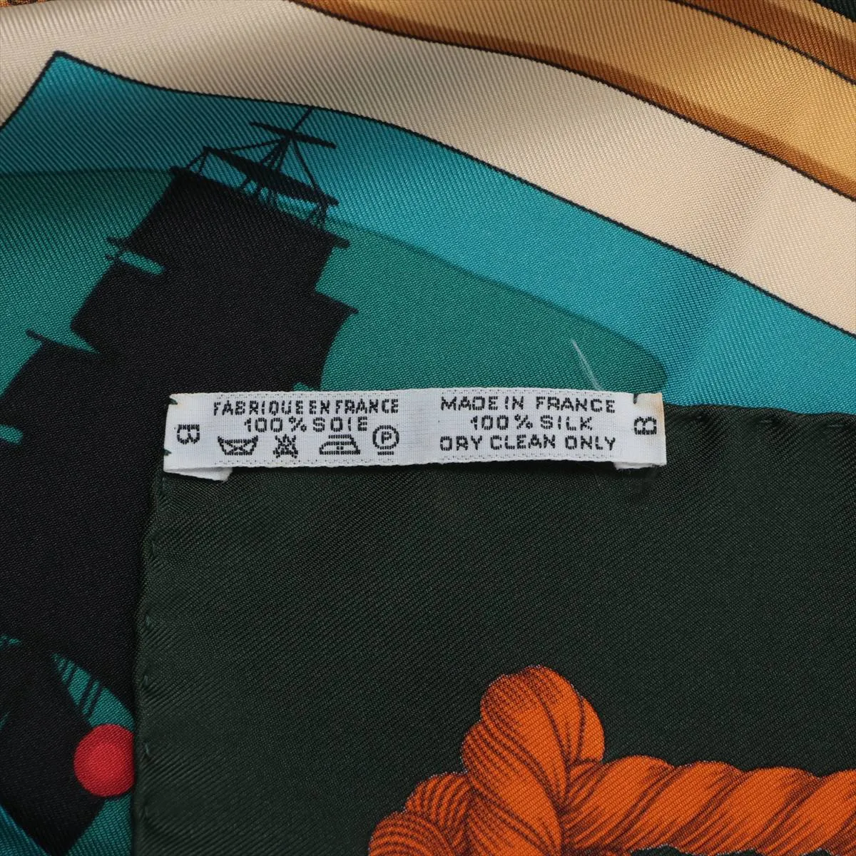 Carre 90 "Feuix de Route Apercus la NUIT, EN MER" (Sightlights Shining on the Night Sea) Scarf, Silk, Green. Has — view 7