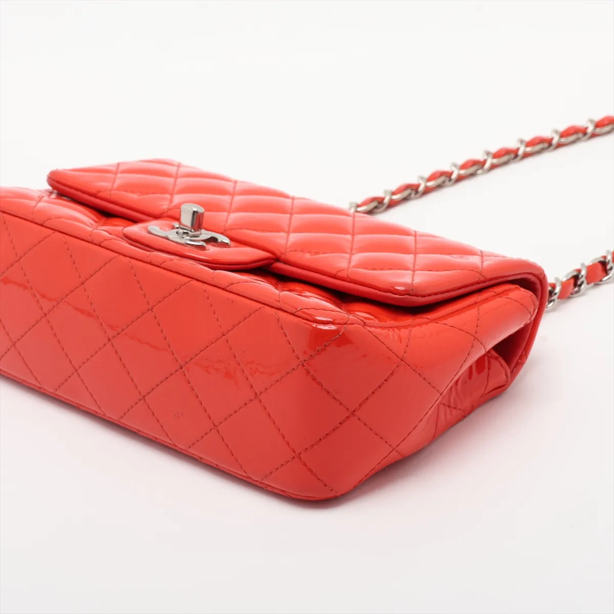 Mini Matelassé 20 Patent Leather Single Flap Single Chain Bag, Orange, Silver Hardware, 23491977, Serial Number 23-series, A69900 — view 3