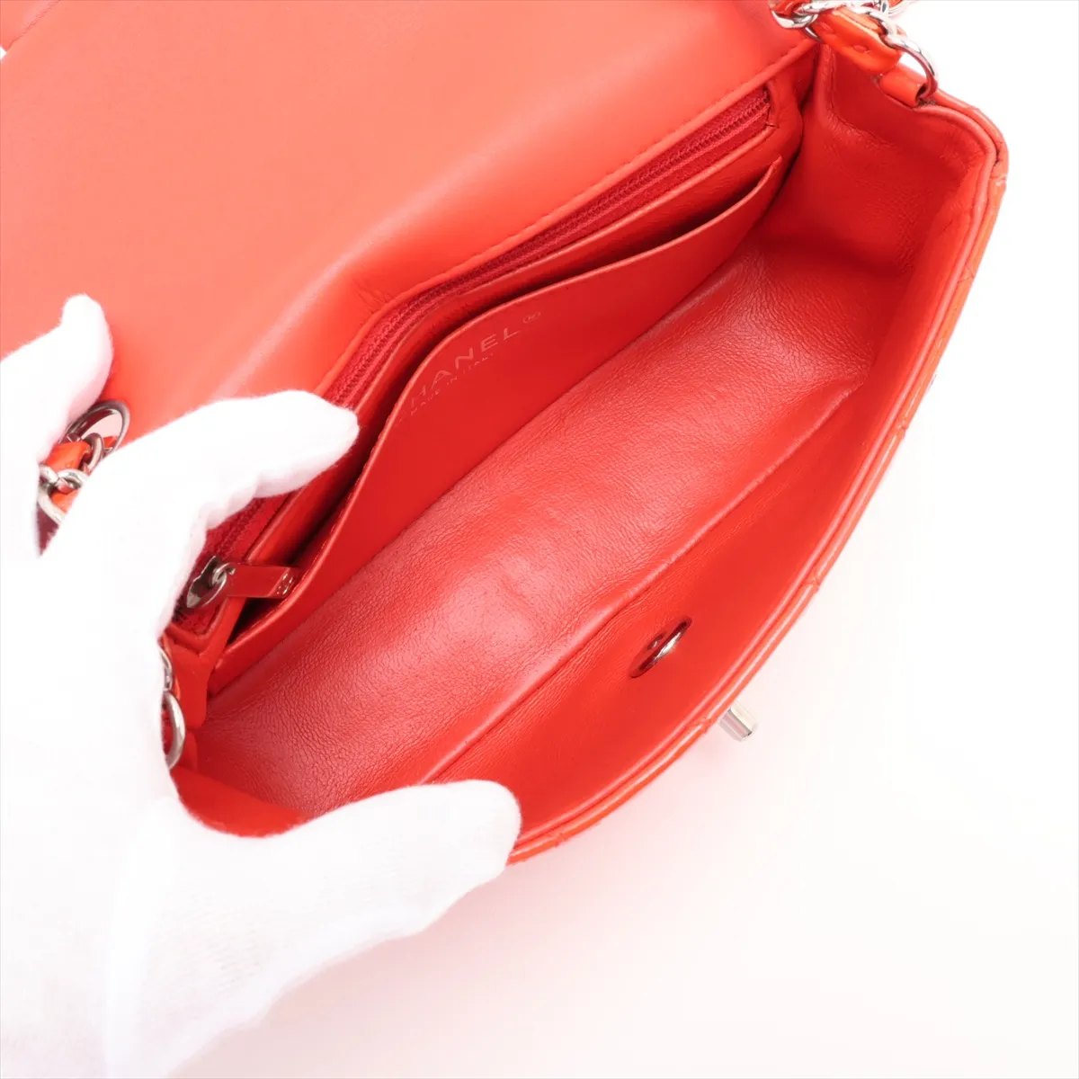 Mini Matelassé 20 Patent Leather Single Flap Single Chain Bag, Orange, Silver Hardware, 23491977, Serial Number 23-series, A69900 — view 6